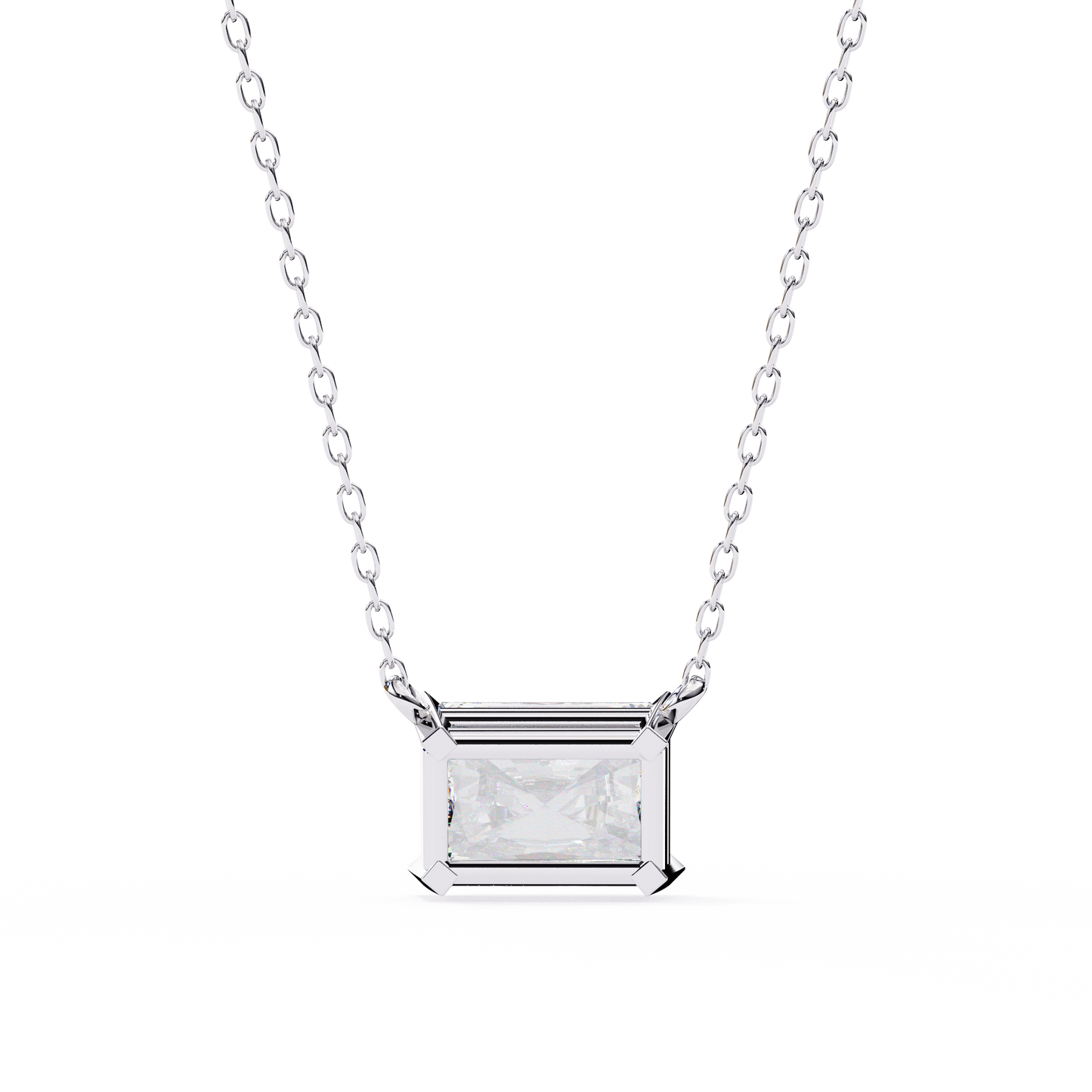 East-West Radiant Cut Solitaire Necklace | Modern Horizontal Pendant