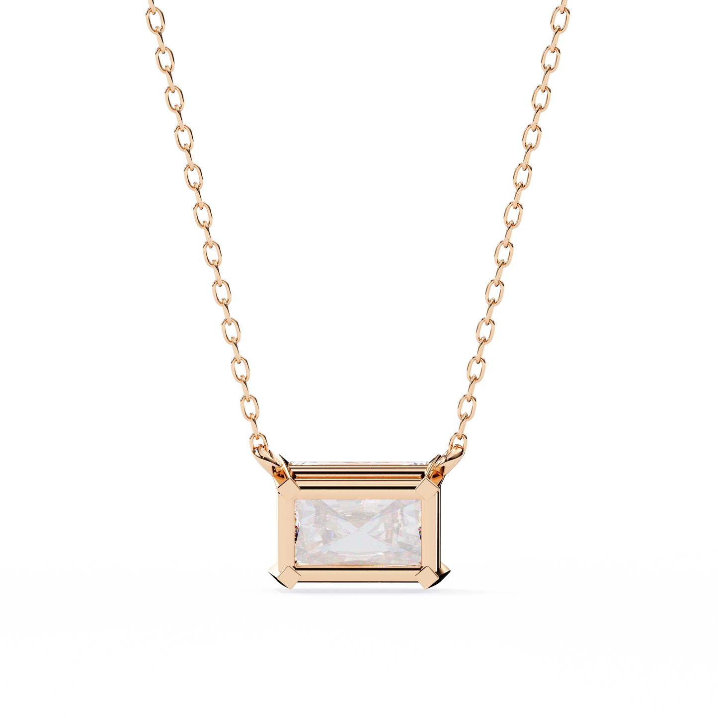 East-West Radiant Cut Solitaire Necklace | Modern Horizontal Pendant