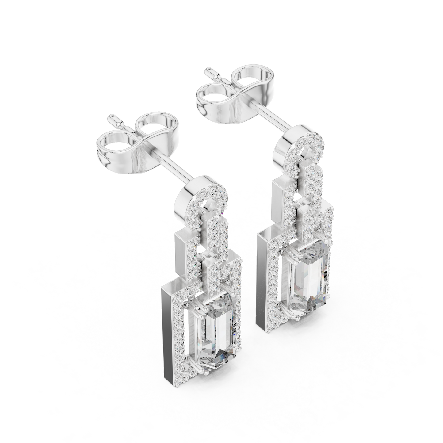 Emerald Cut Halo Dangle Earrings