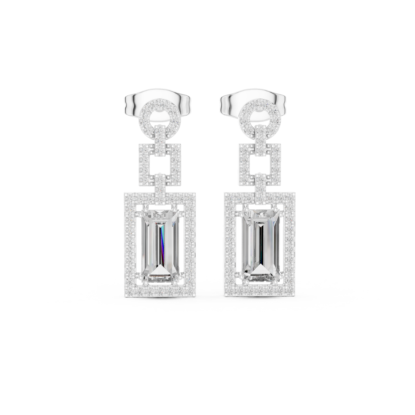 Emerald Cut Halo Dangle Earrings