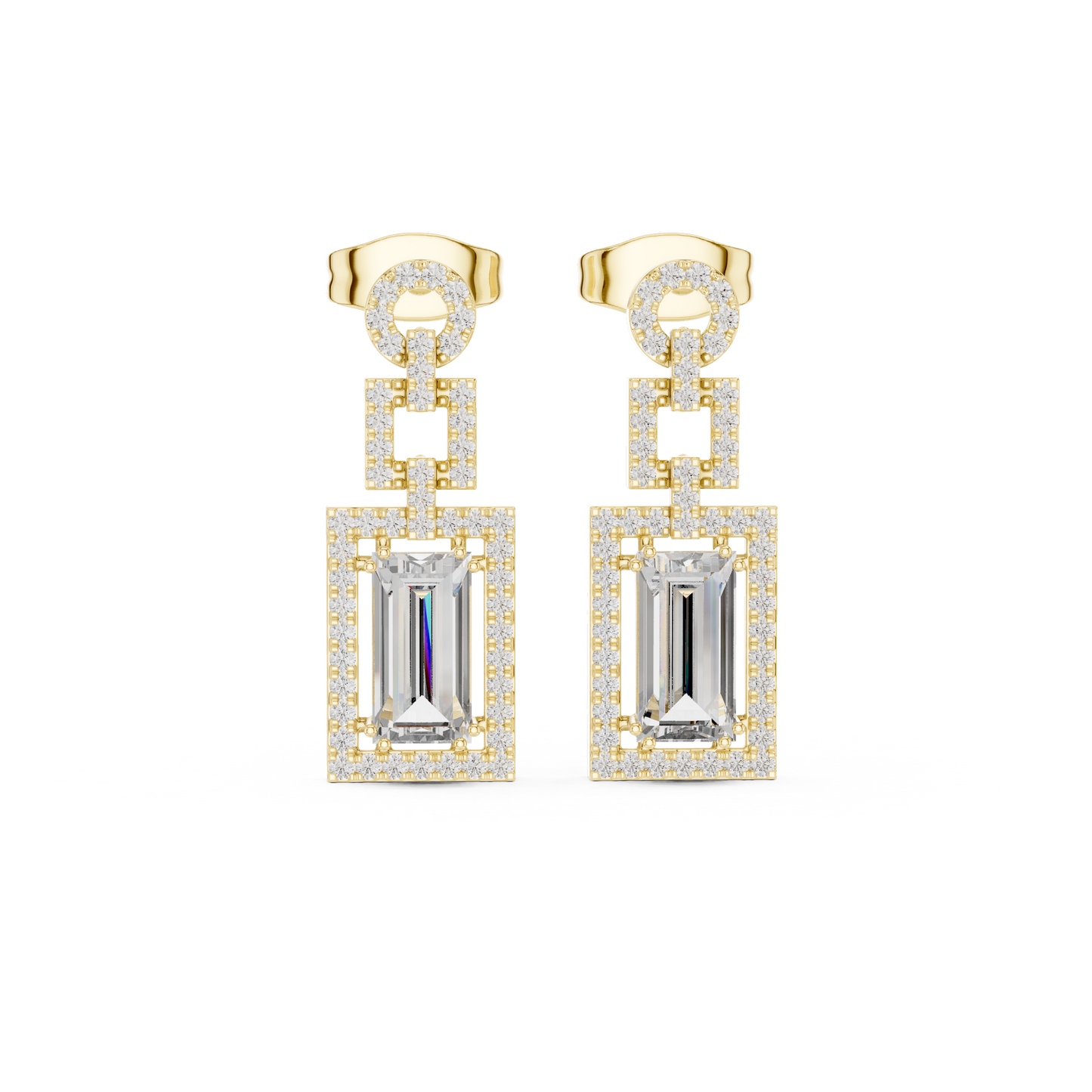 Emerald Cut Halo Dangle Earrings