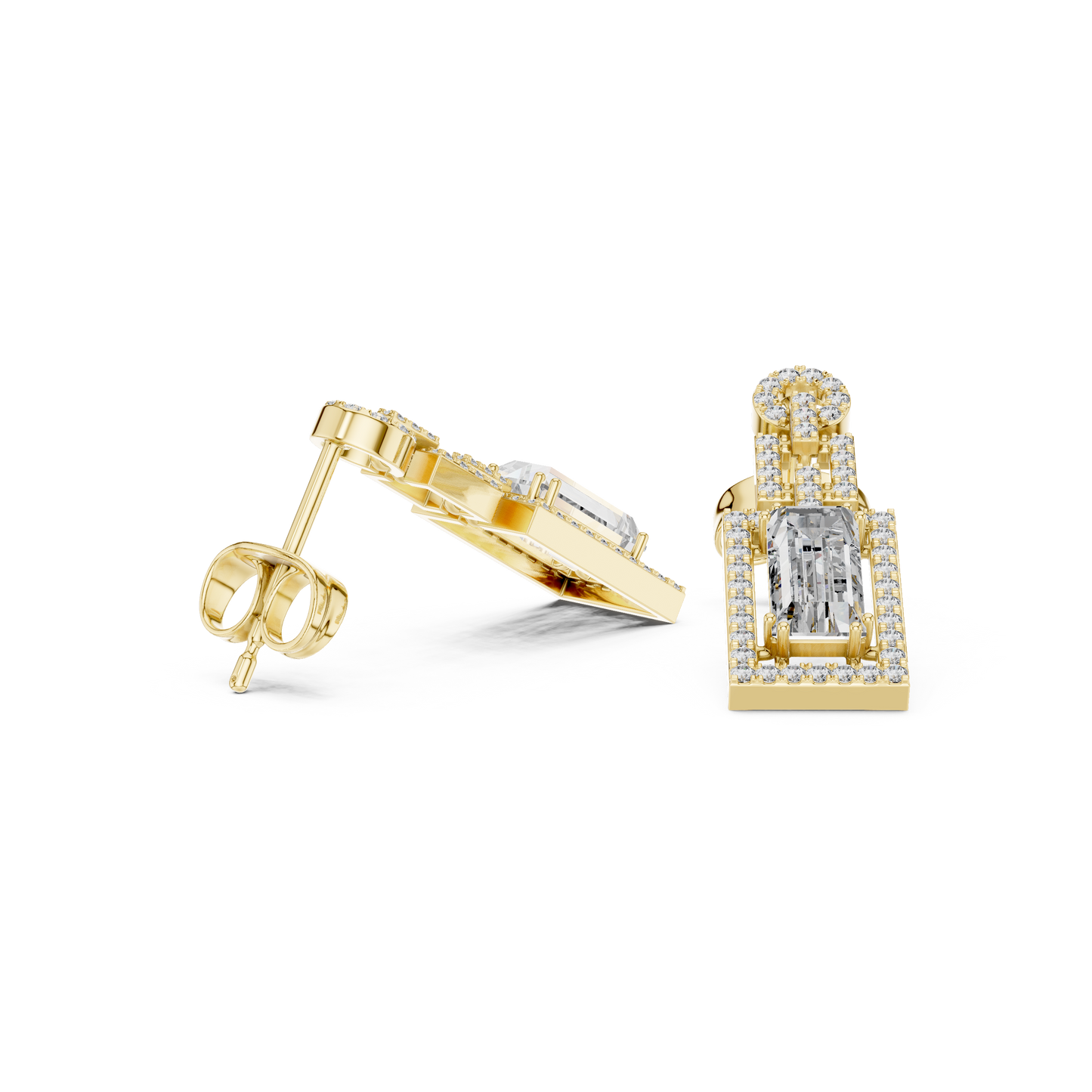Emerald Cut Halo Dangle Earrings