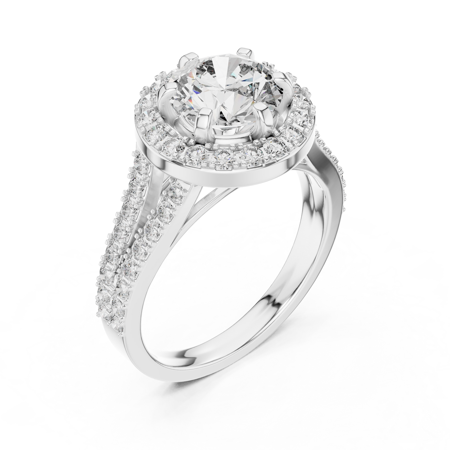 Round Halo Split Shank Engagement Ring
