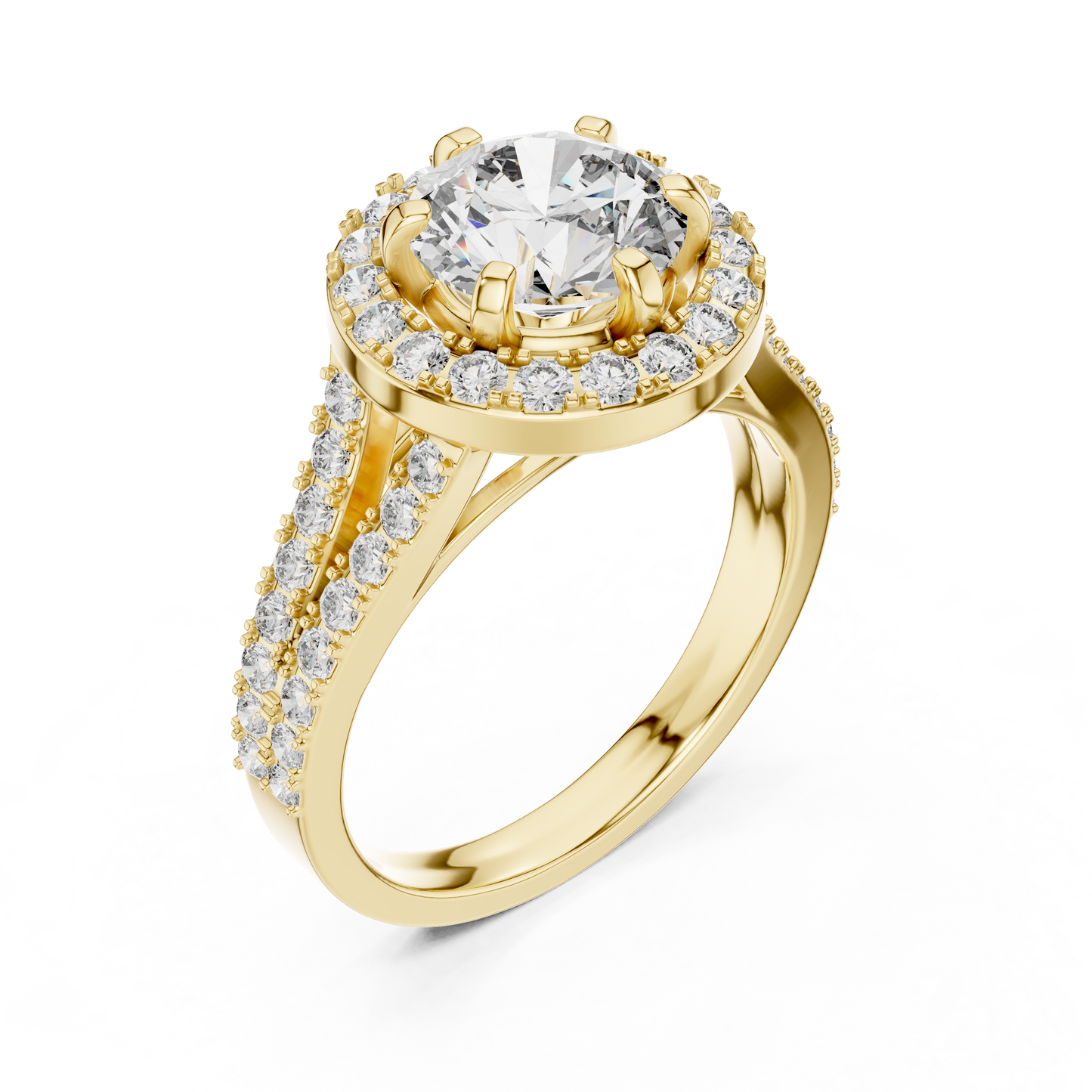 Round Halo Split Shank Engagement Ring