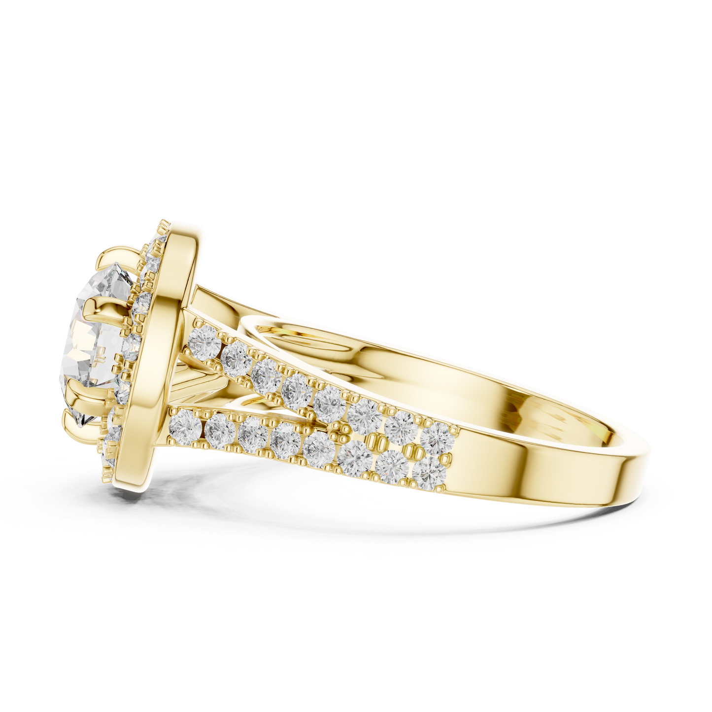 Round Halo Split Shank Engagement Ring