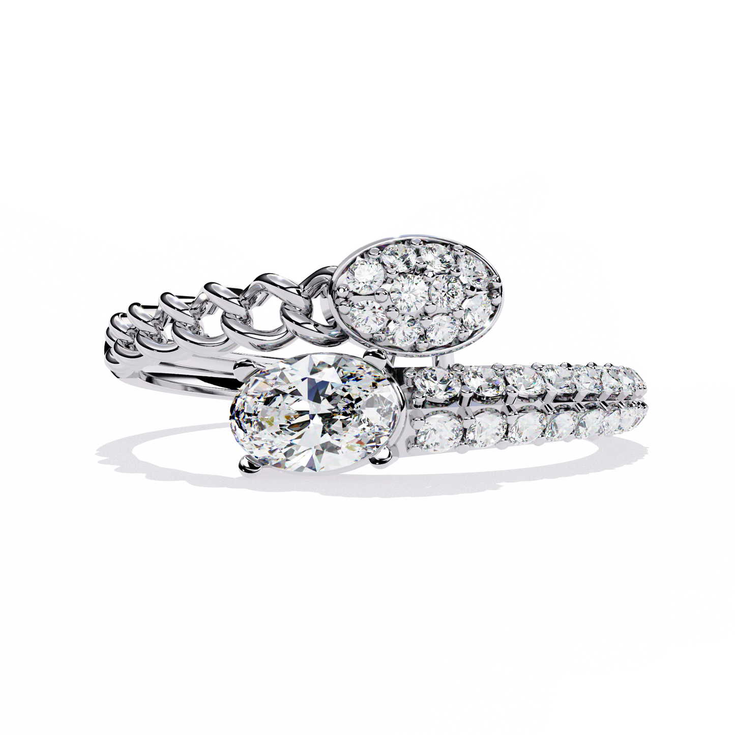 Diamond Crossover Statement Ring | Chain Link & Oval Solitaire Design