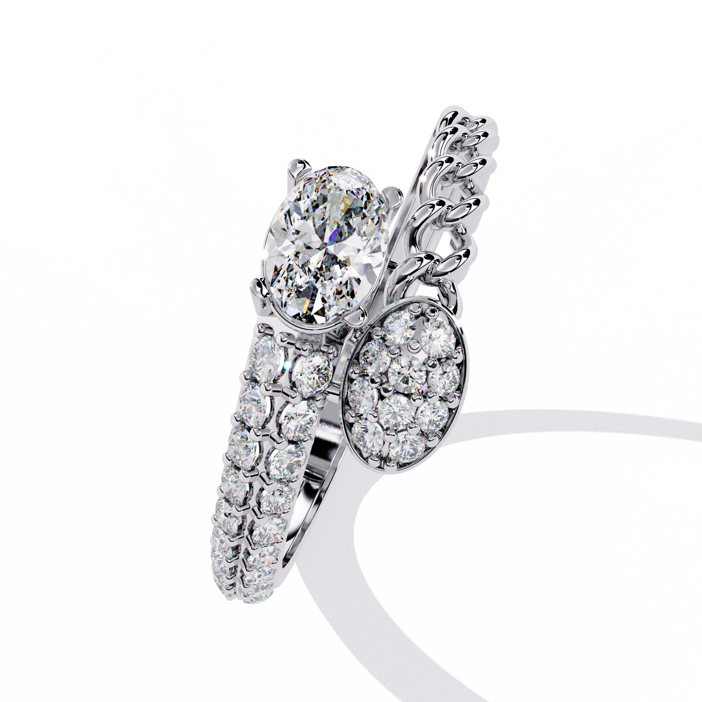 Diamond Crossover Statement Ring | Chain Link & Oval Solitaire Design