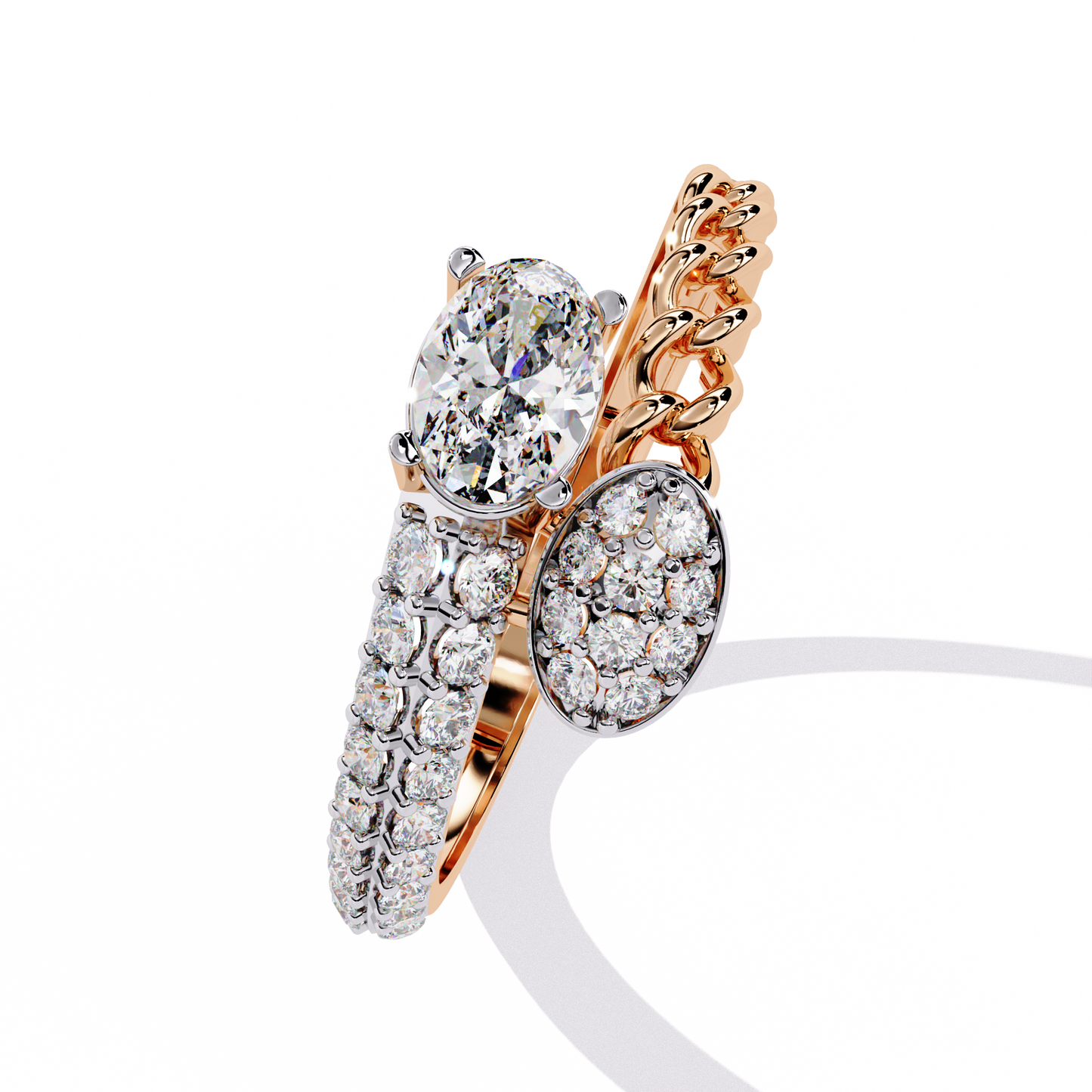 Diamond Crossover Statement Ring | Chain Link & Oval Solitaire Design