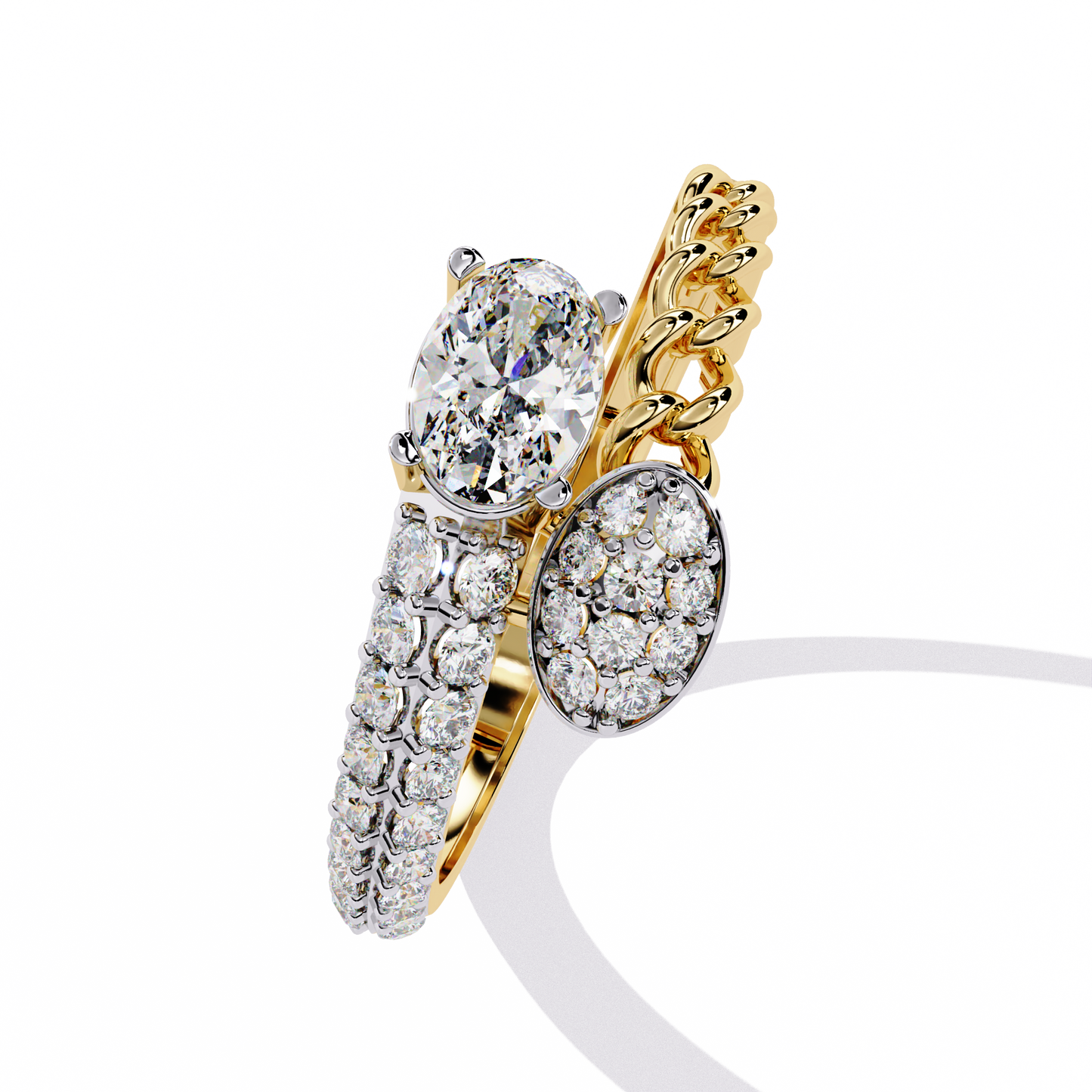 Diamond Crossover Statement Ring | Chain Link & Oval Solitaire Design