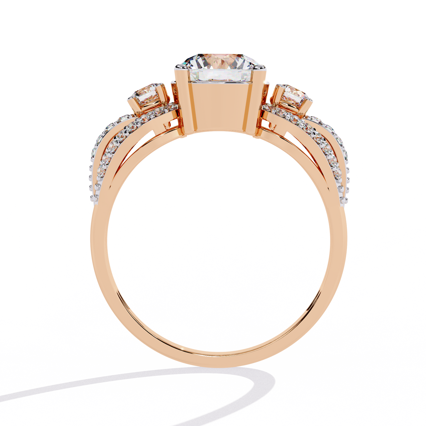 Classic Three Stone Diamond Ring | Elegant Split Shank with Halo Accents