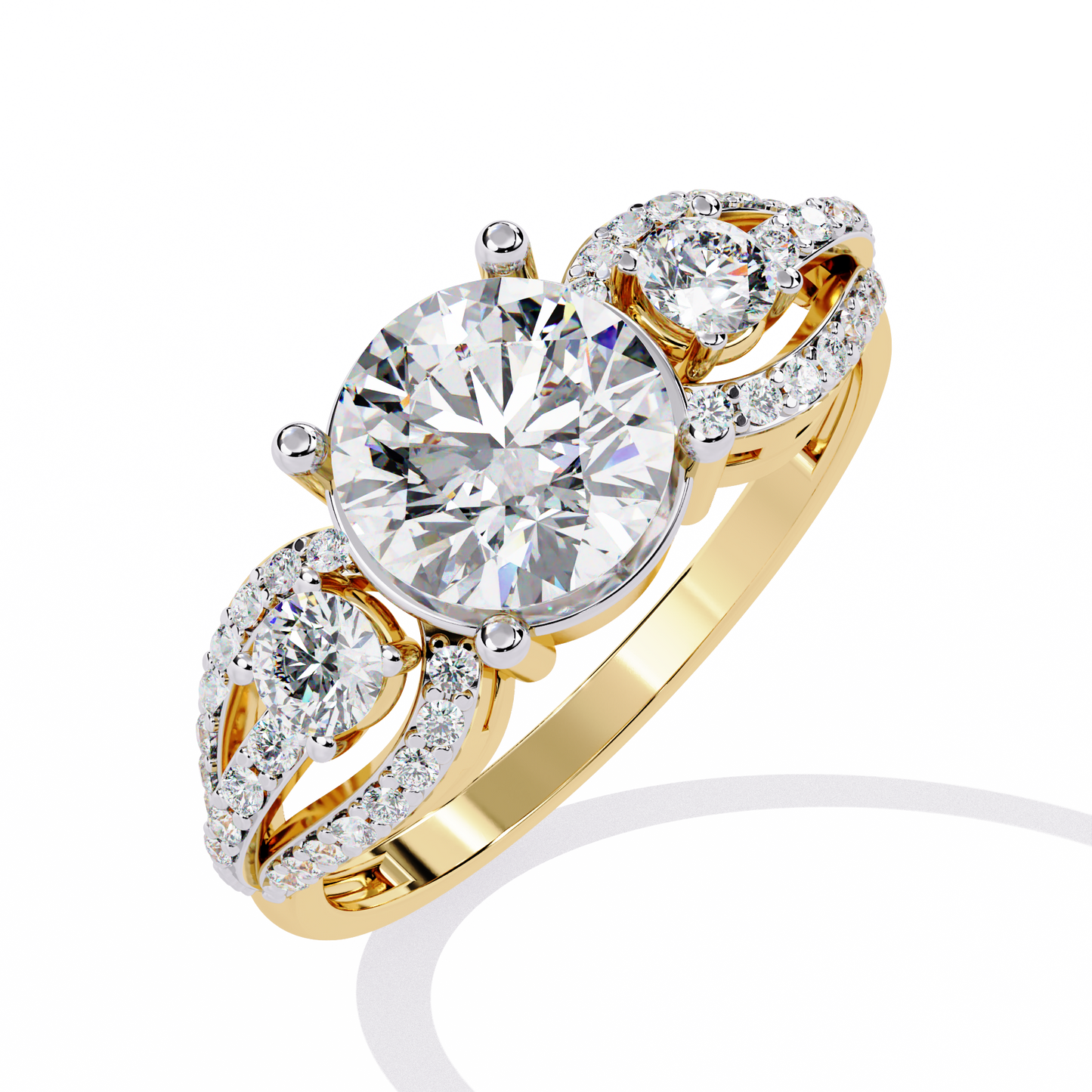 Classic Three Stone Diamond Ring | Elegant Split Shank with Halo Accents