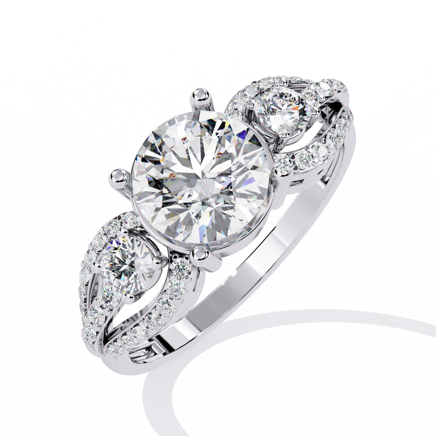 Classic Three Stone Diamond Ring | Elegant Split Shank with Halo Accents
