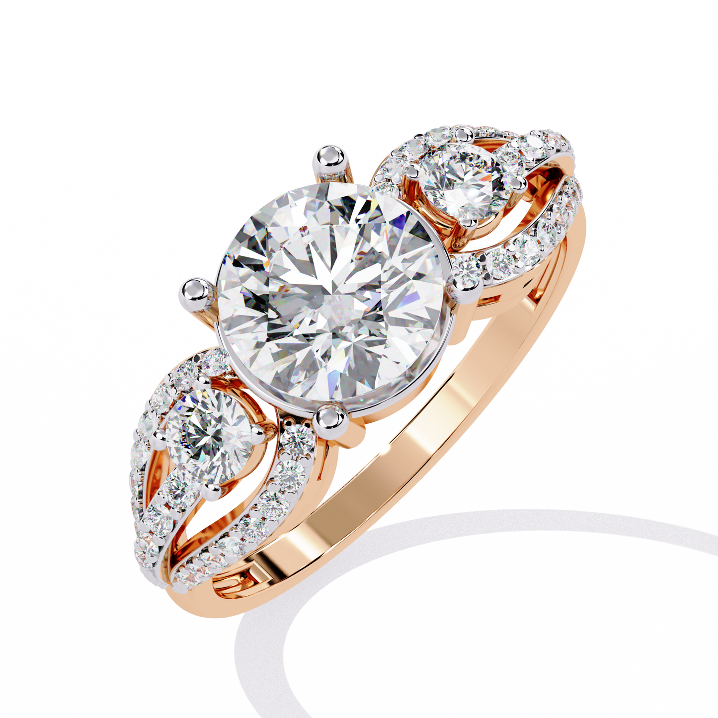 Classic Three Stone Diamond Ring | Elegant Split Shank with Halo Accents