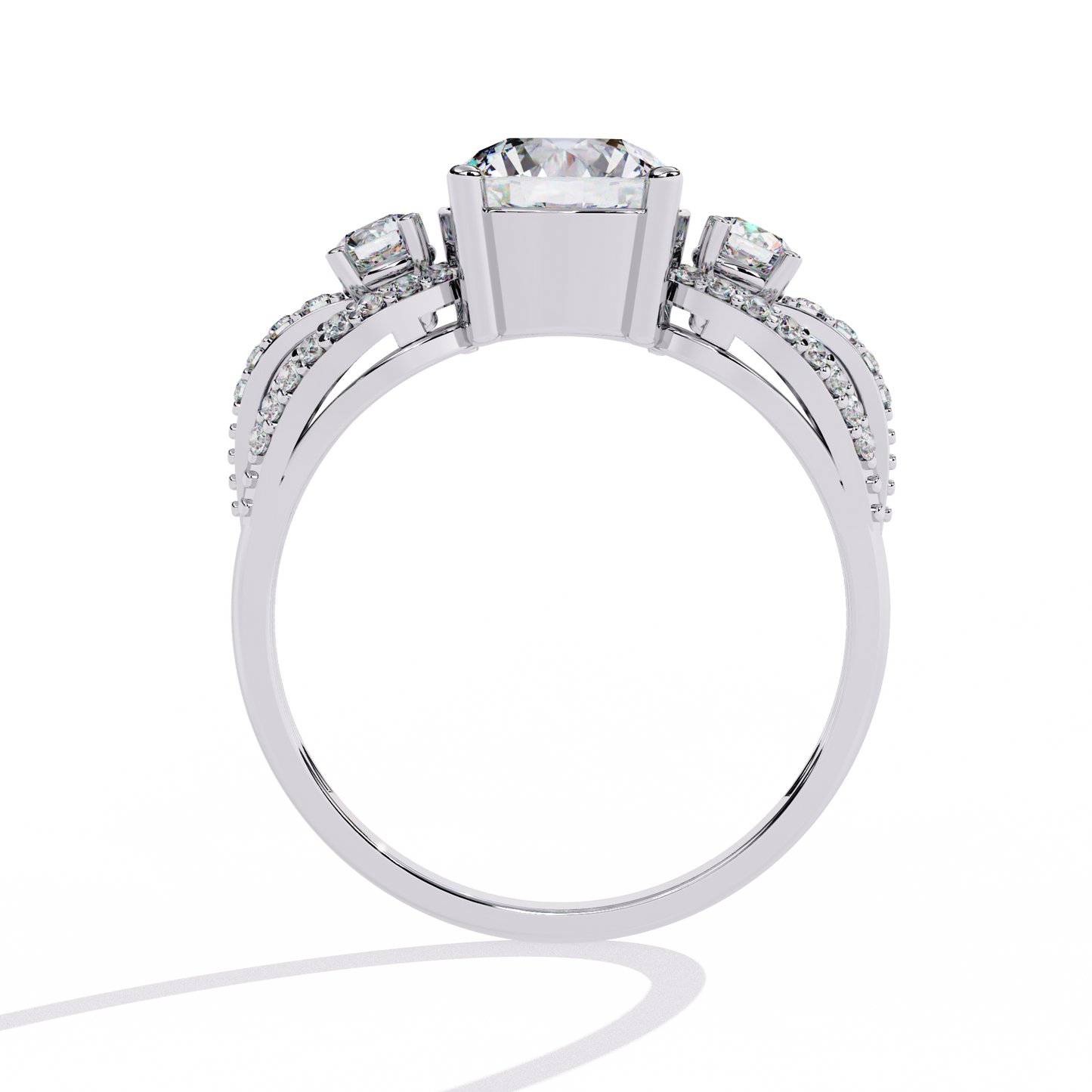Classic Three Stone Diamond Ring | Elegant Split Shank with Halo Accents