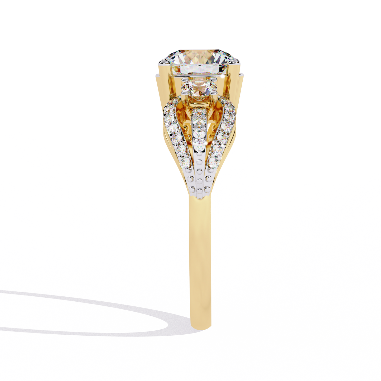Classic Three Stone Diamond Ring | Elegant Split Shank with Halo Accents