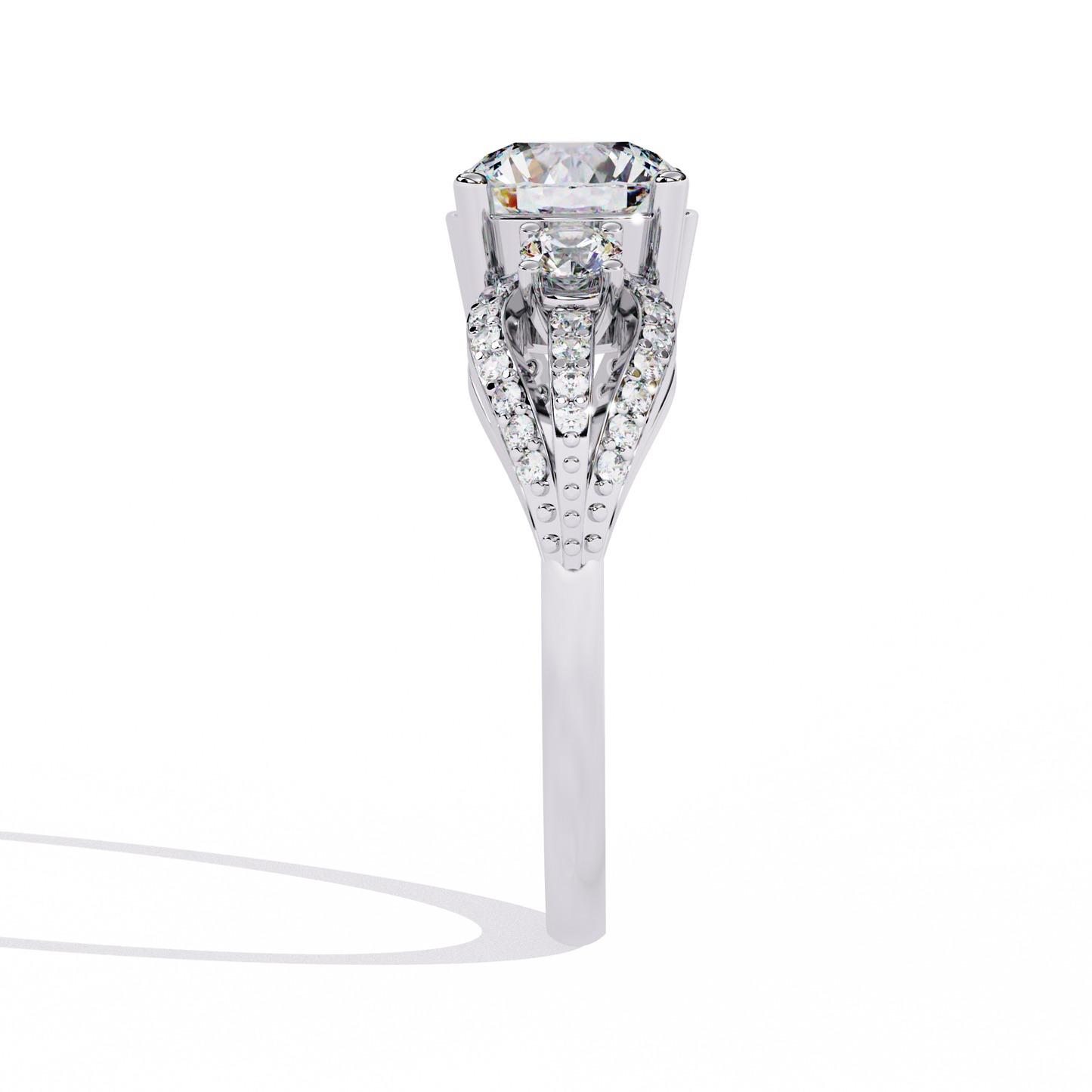 Classic Three Stone Diamond Ring | Elegant Split Shank with Halo Accents