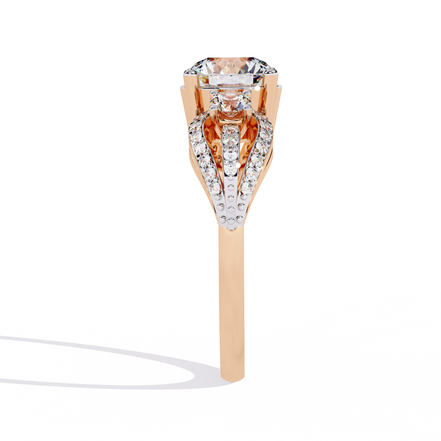 Classic Three Stone Diamond Ring | Elegant Split Shank with Halo Accents