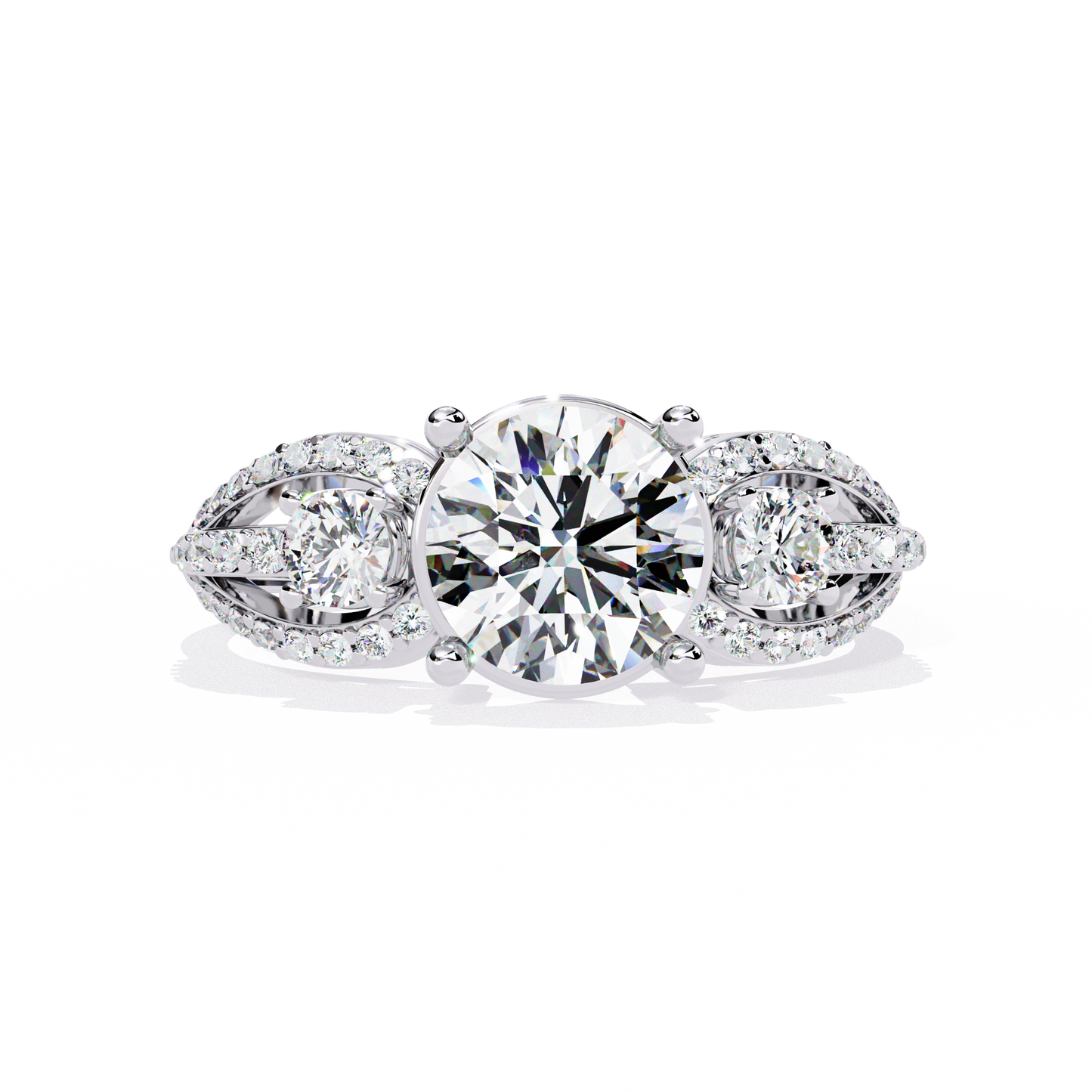 Classic Three Stone Diamond Ring | Elegant Split Shank with Halo Accents