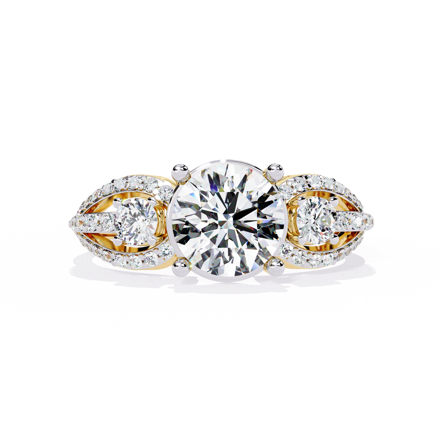 Classic Three Stone Diamond Ring | Elegant Split Shank with Halo Accents