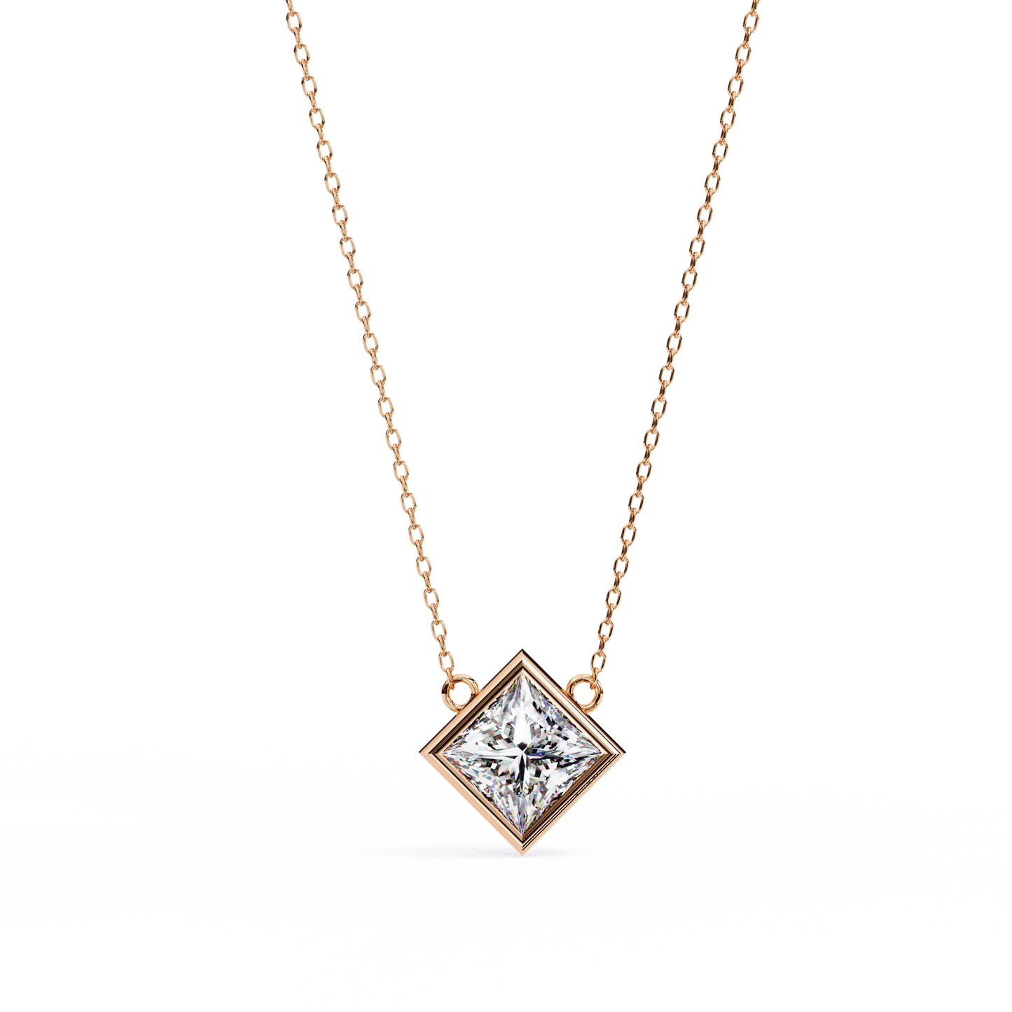 Bezel Set Princess Cut Solitaire Necklace | Floating Square Pendant