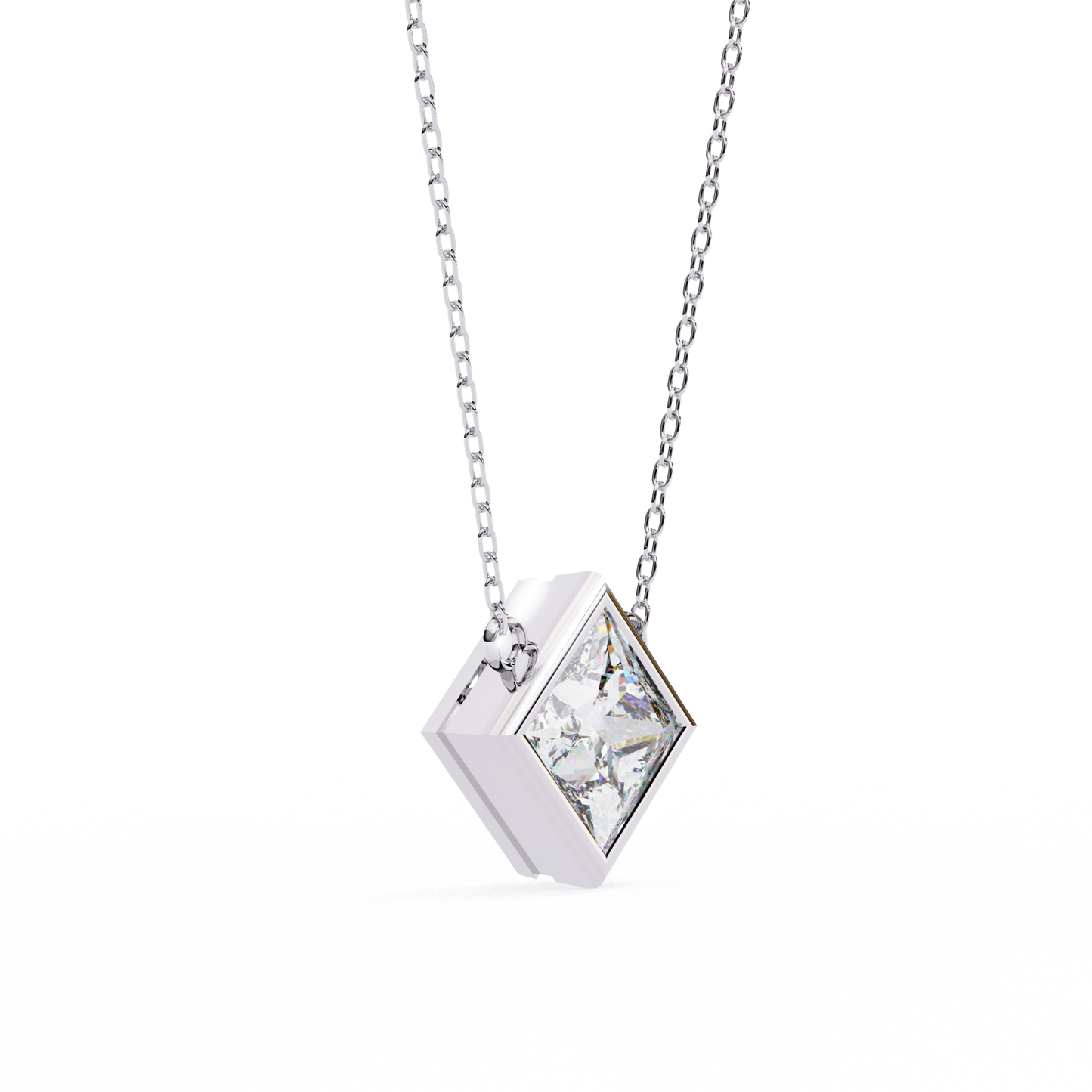 Bezel Set Princess Cut Solitaire Necklace | Floating Square Pendant
