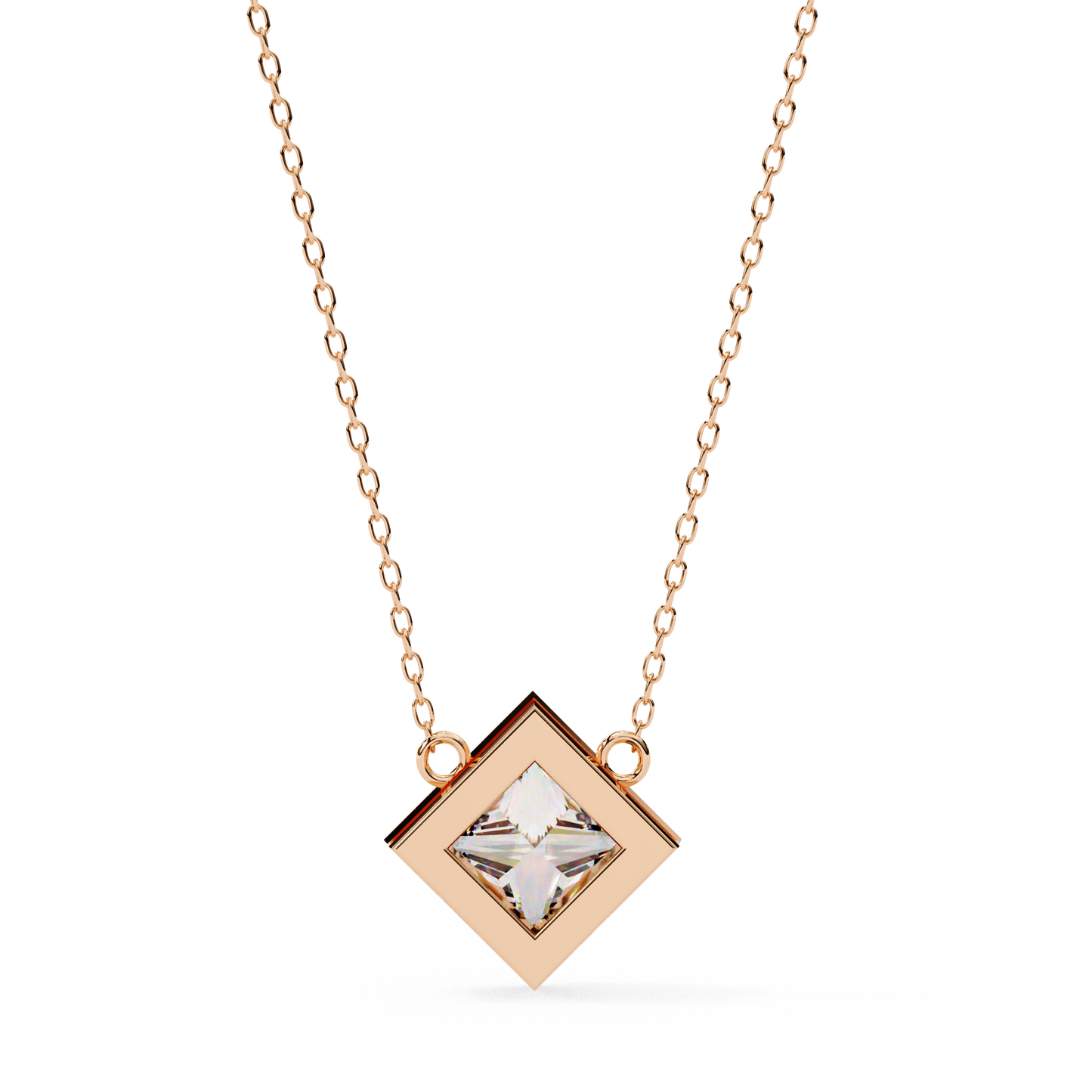 Bezel Set Princess Cut Solitaire Necklace | Floating Square Pendant