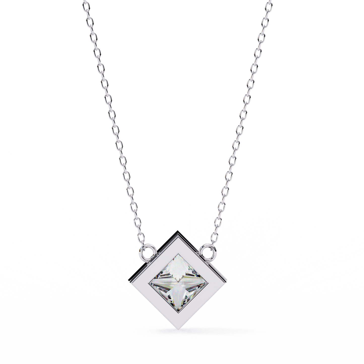 Bezel Set Princess Cut Solitaire Necklace | Floating Square Pendant