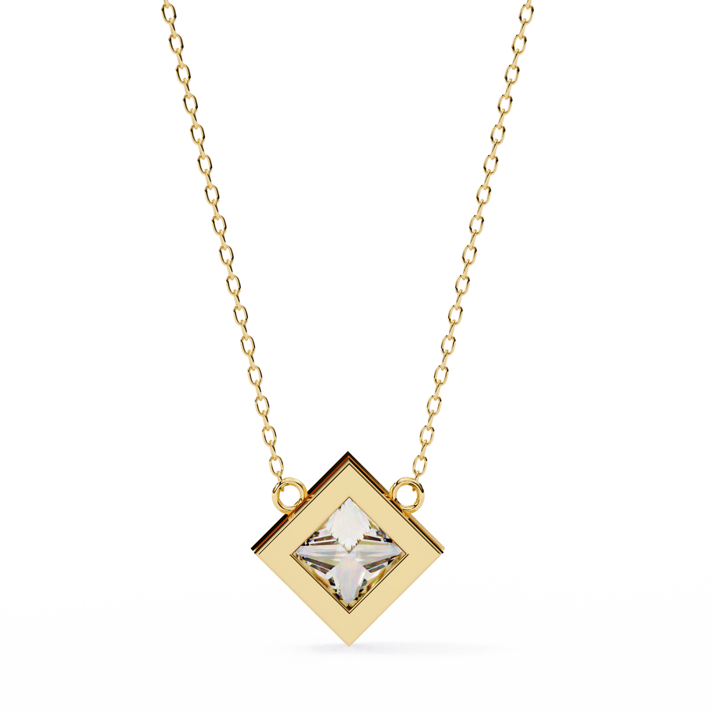 Bezel Set Princess Cut Solitaire Necklace | Floating Square Pendant