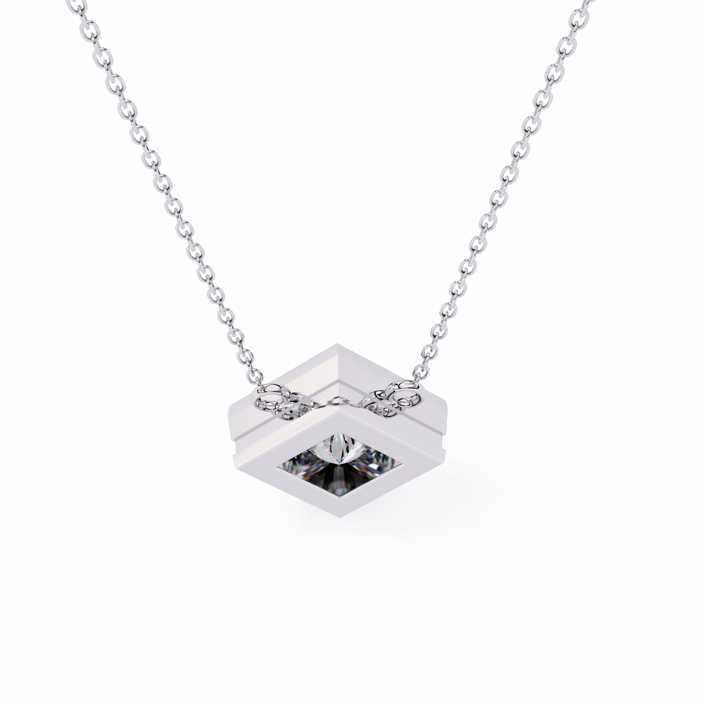 Bezel Set Princess Cut Solitaire Necklace | Floating Square Pendant