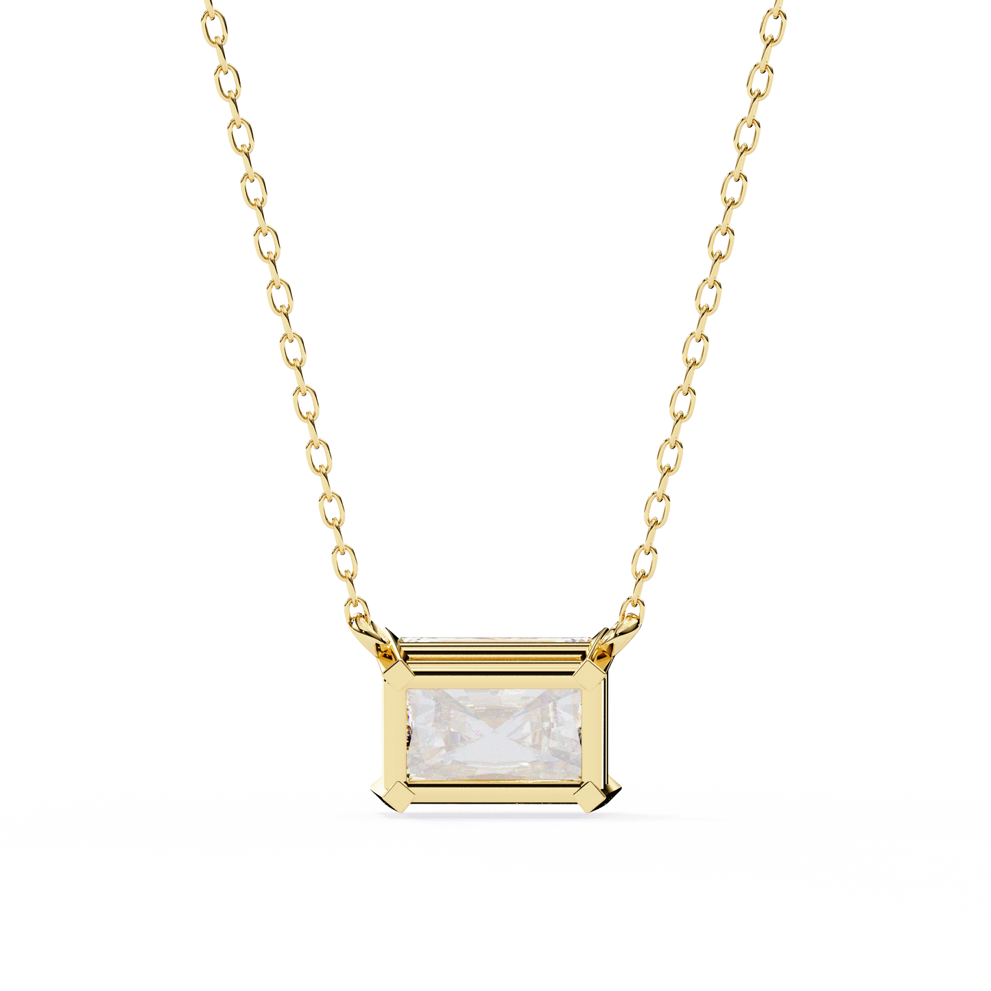 East-West Radiant Cut Solitaire Necklace | Modern Horizontal Pendant