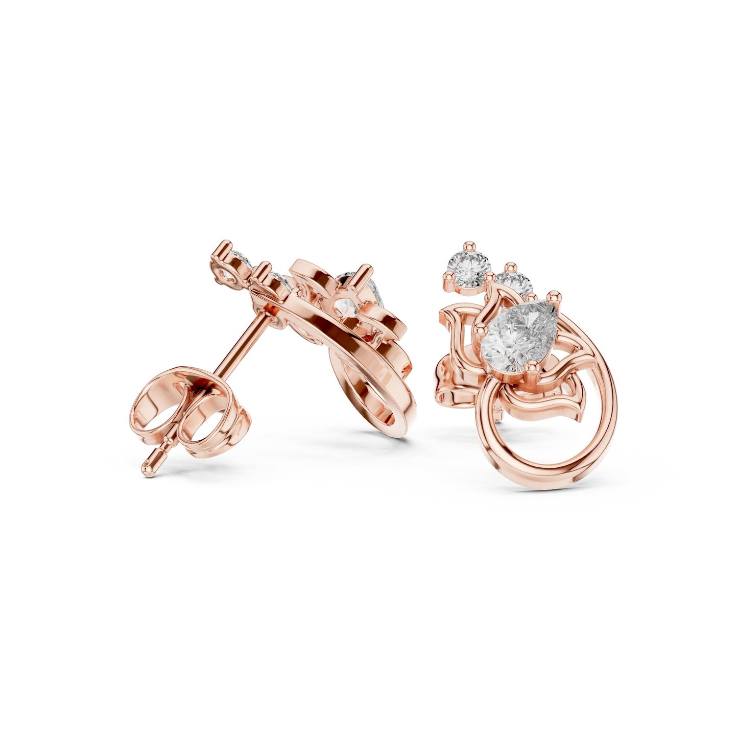 Pear and Round Diamond Floral Vine Stud Earrings