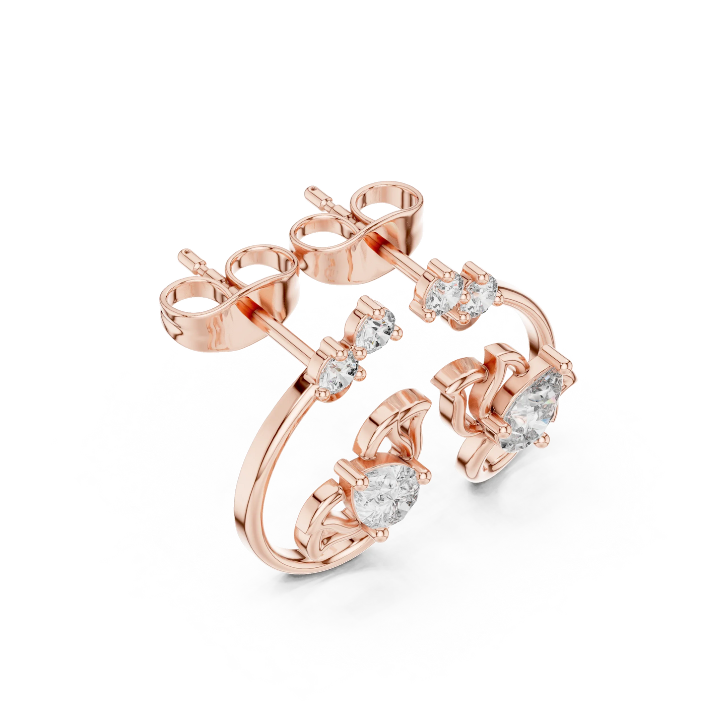 Pear and Round Diamond Floral Vine Stud Earrings