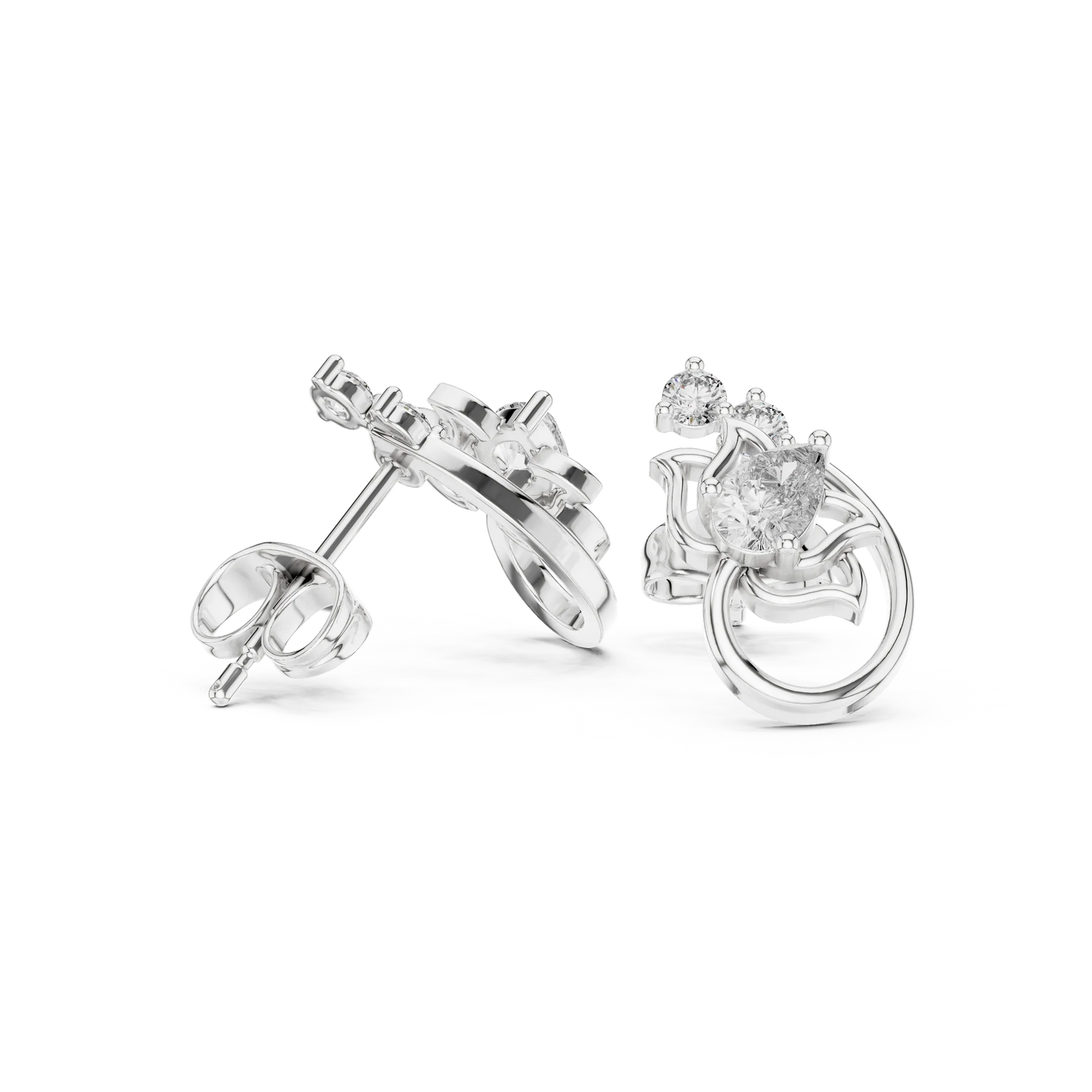 Pear and Round Diamond Floral Vine Stud Earrings