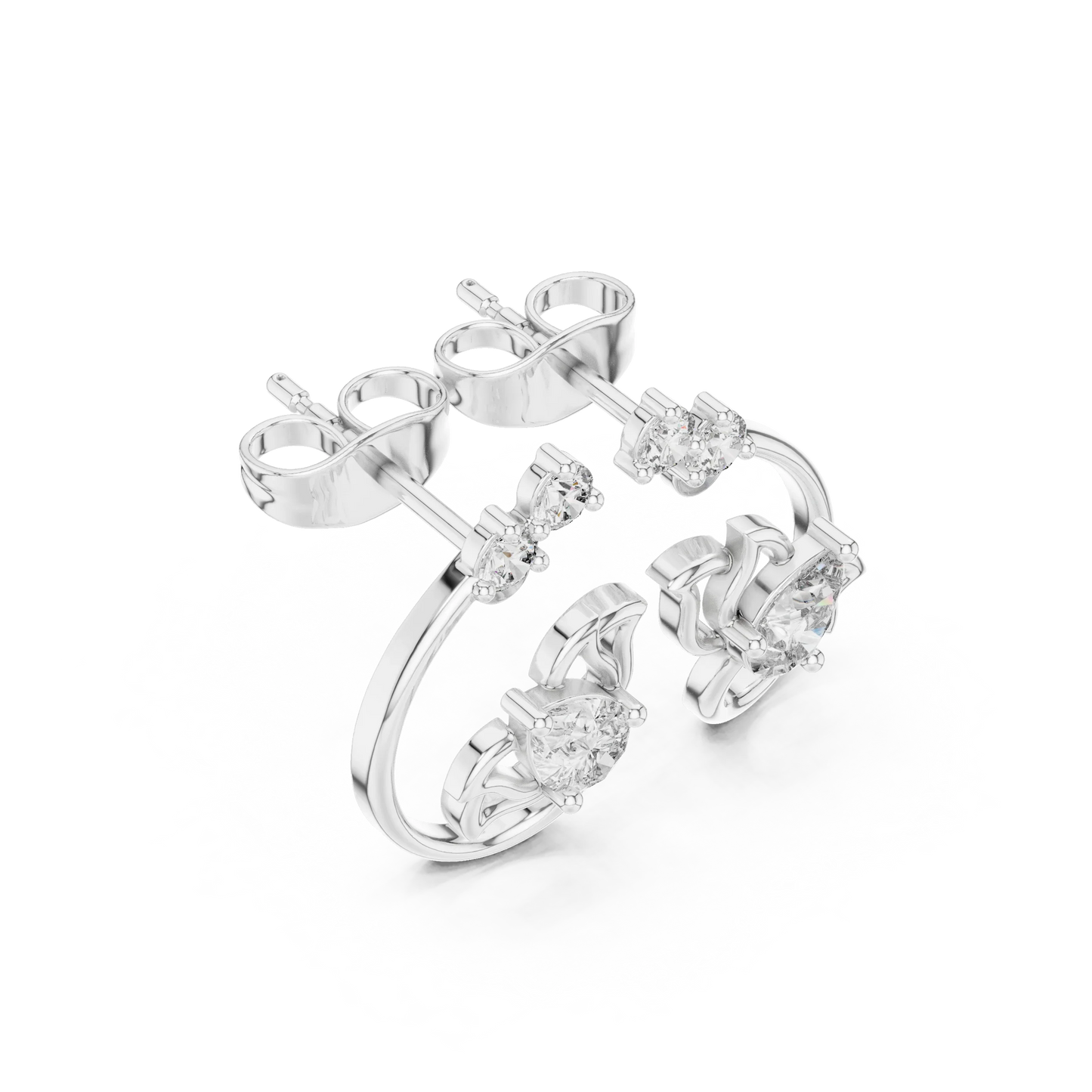 Pear and Round Diamond Floral Vine Stud Earrings