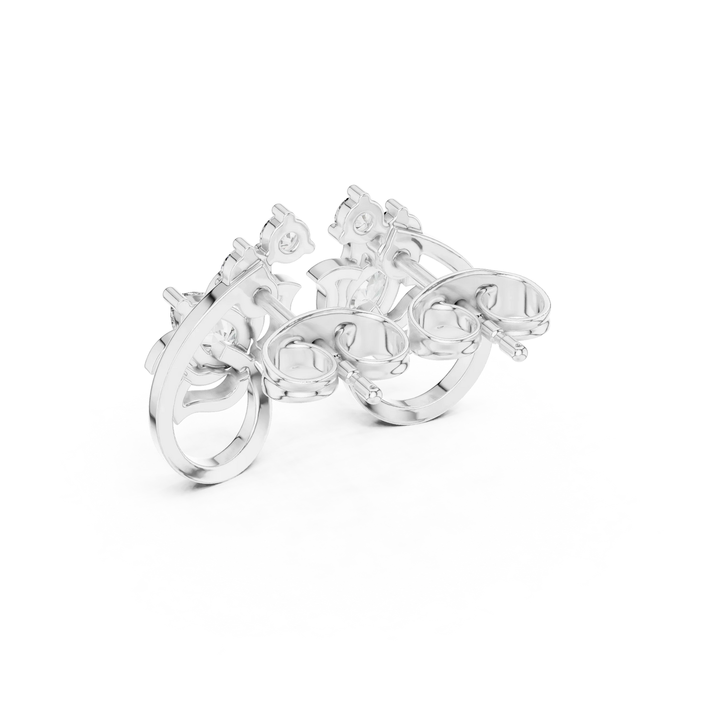 Pear and Round Diamond Floral Vine Stud Earrings