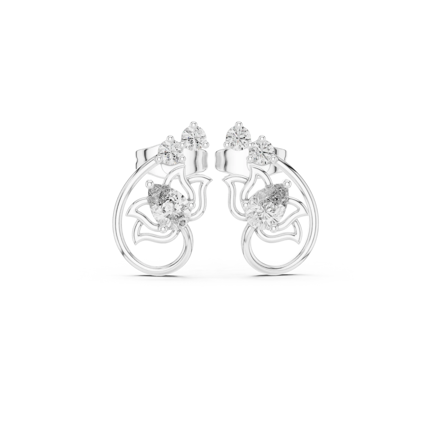 Pear and Round Diamond Floral Vine Stud Earrings