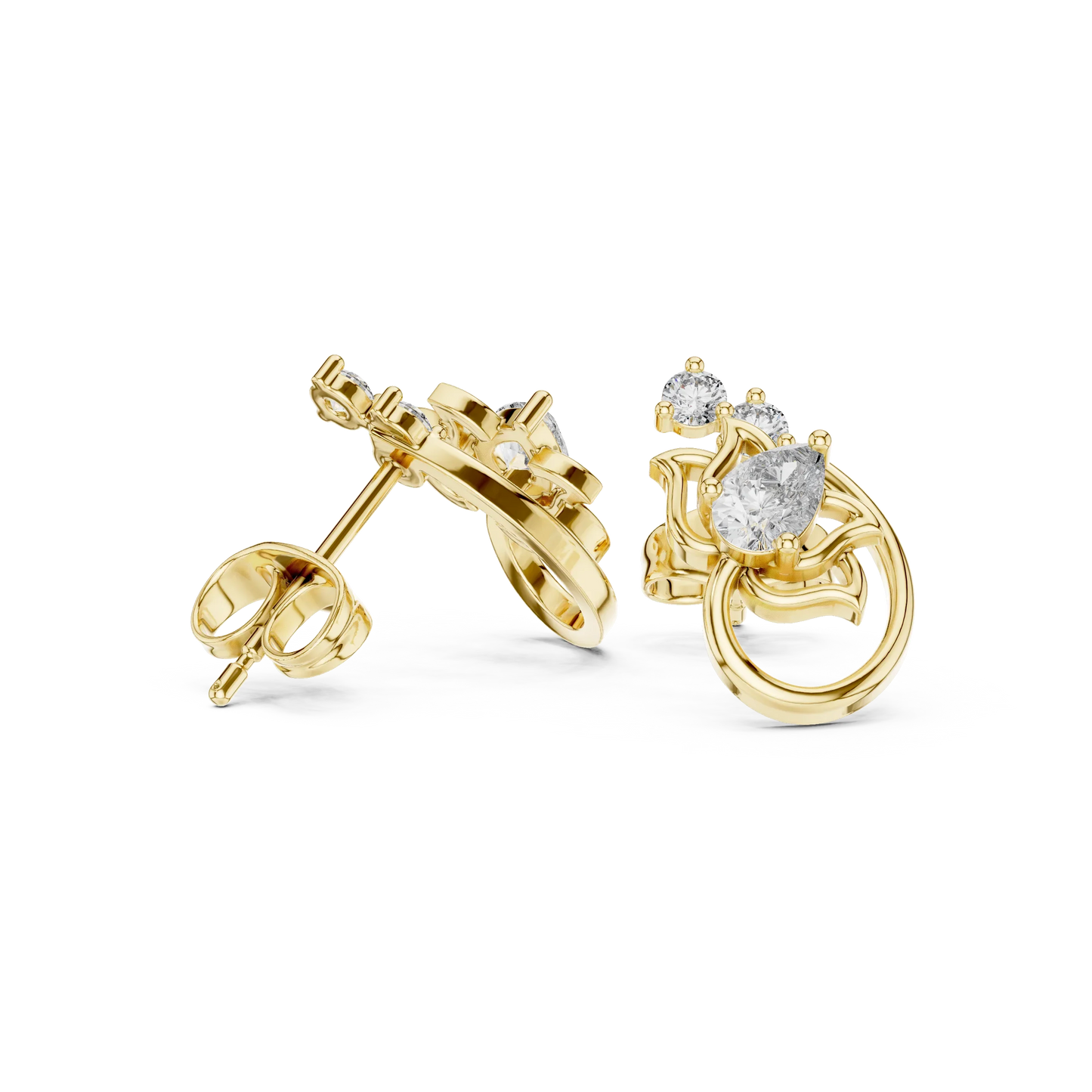 Pear and Round Diamond Floral Vine Stud Earrings