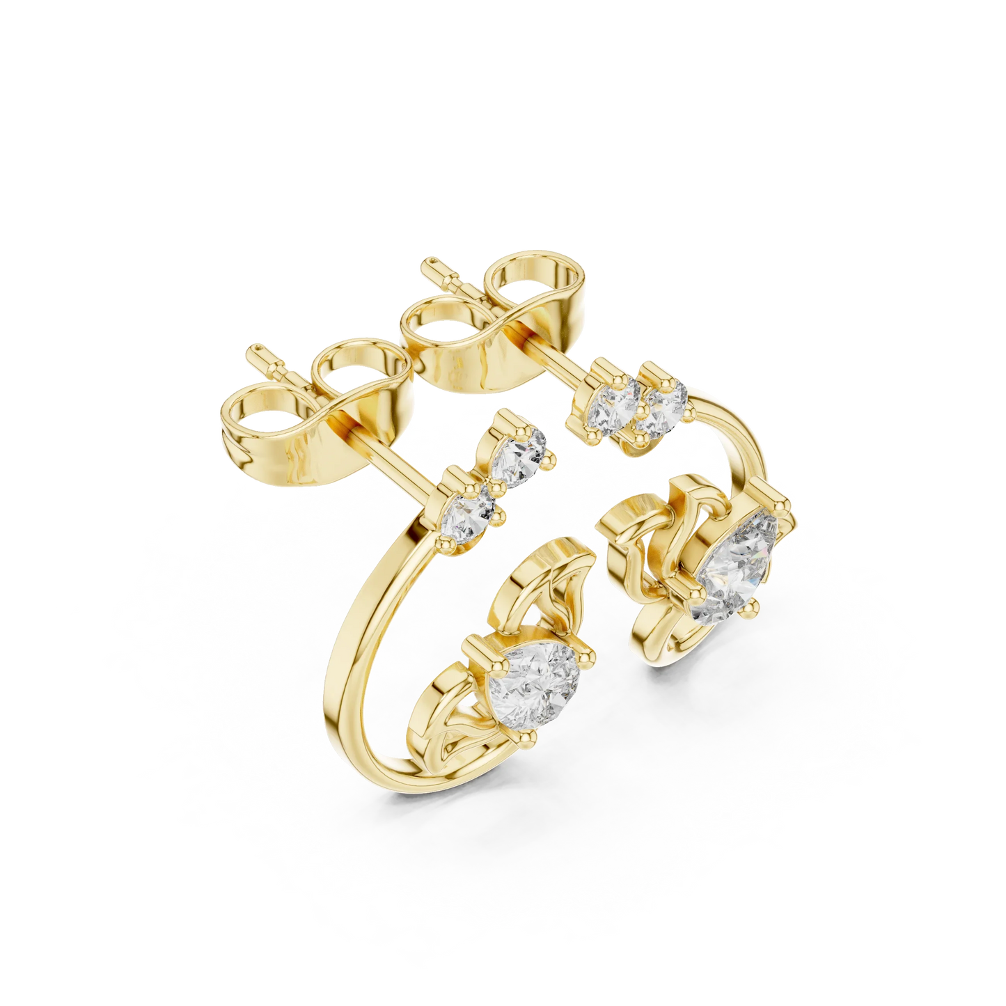 Pear and Round Diamond Floral Vine Stud Earrings