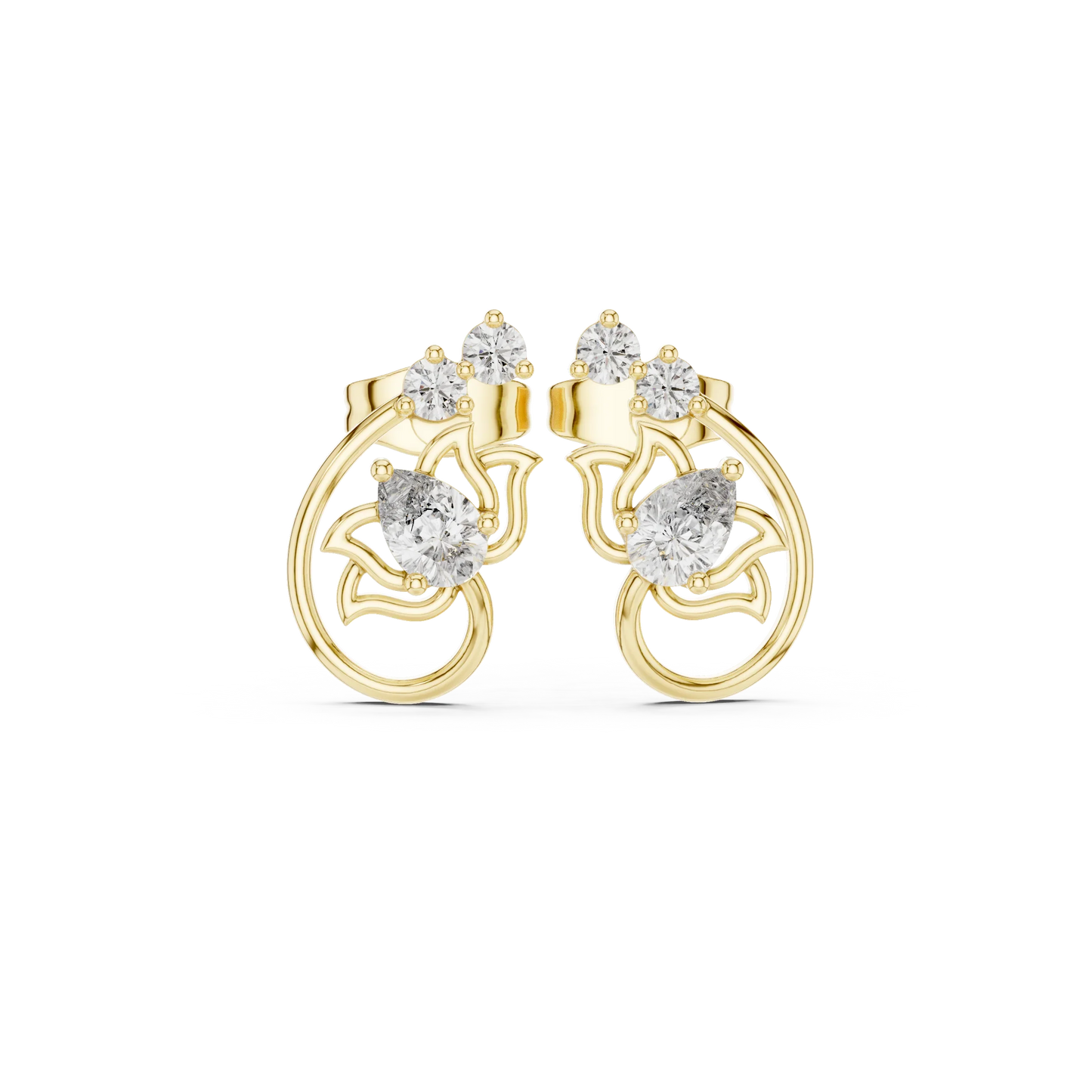 Pear and Round Diamond Floral Vine Stud Earrings