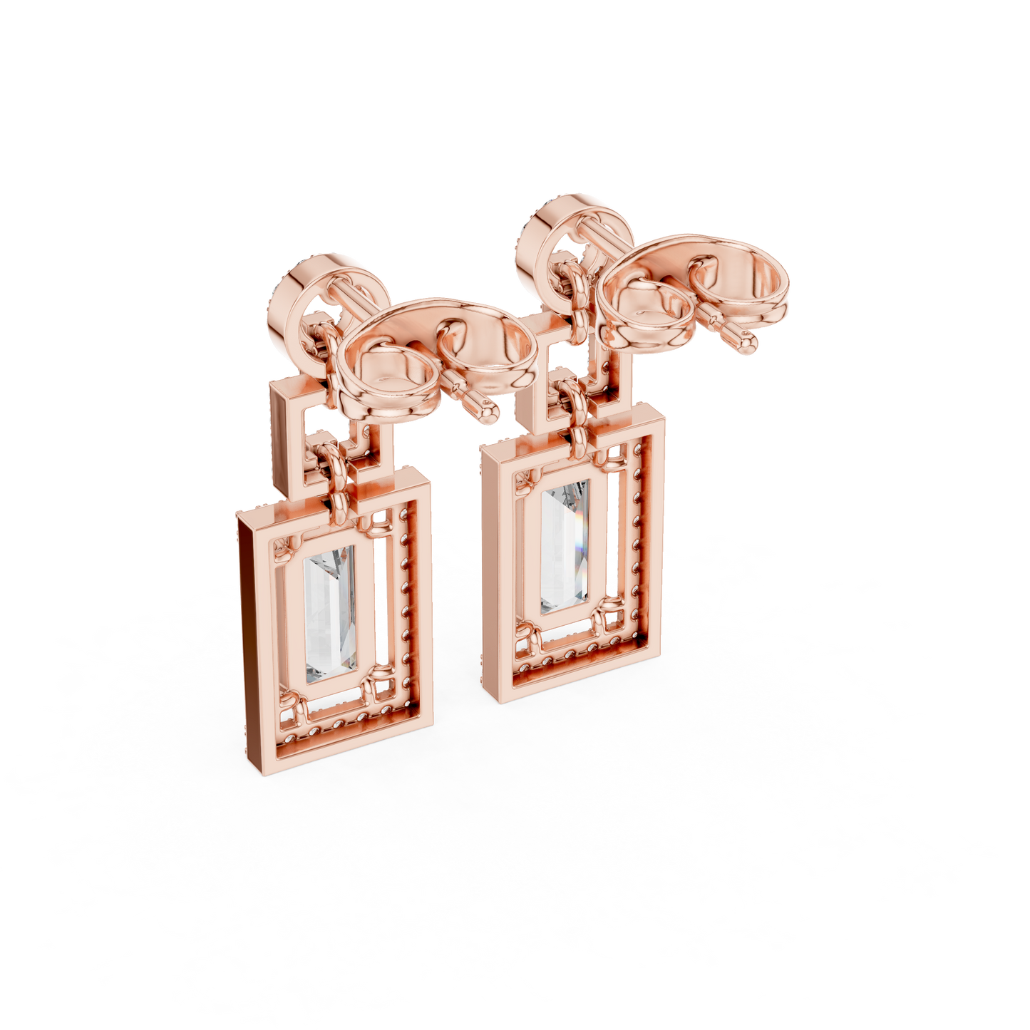 Emerald Cut Halo Dangle Earrings