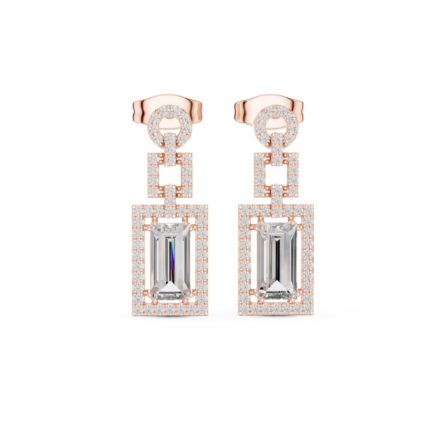 Emerald Cut Halo Dangle Earrings