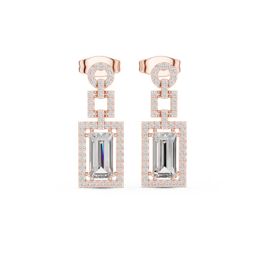 Emerald Cut Halo Dangle Earrings