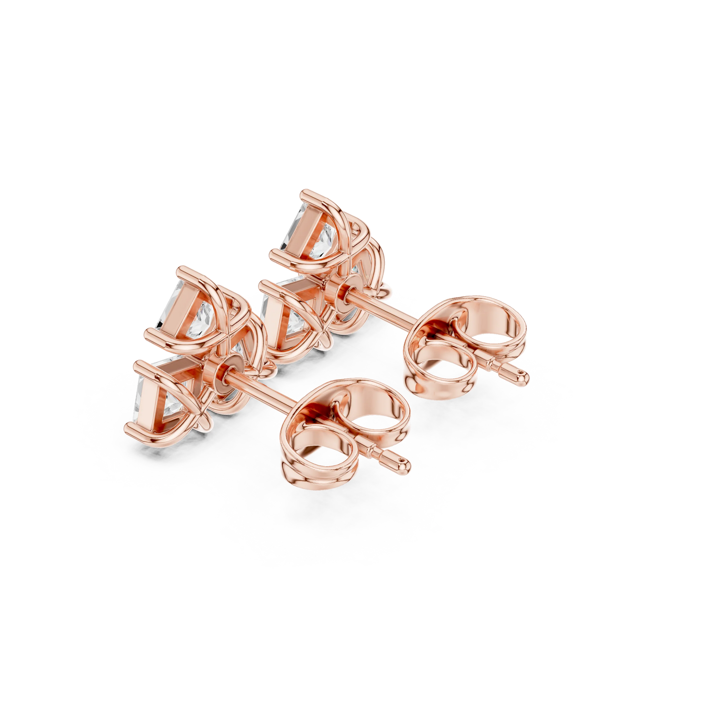 Three Stone Princess Cut Diamond Stud Earrings