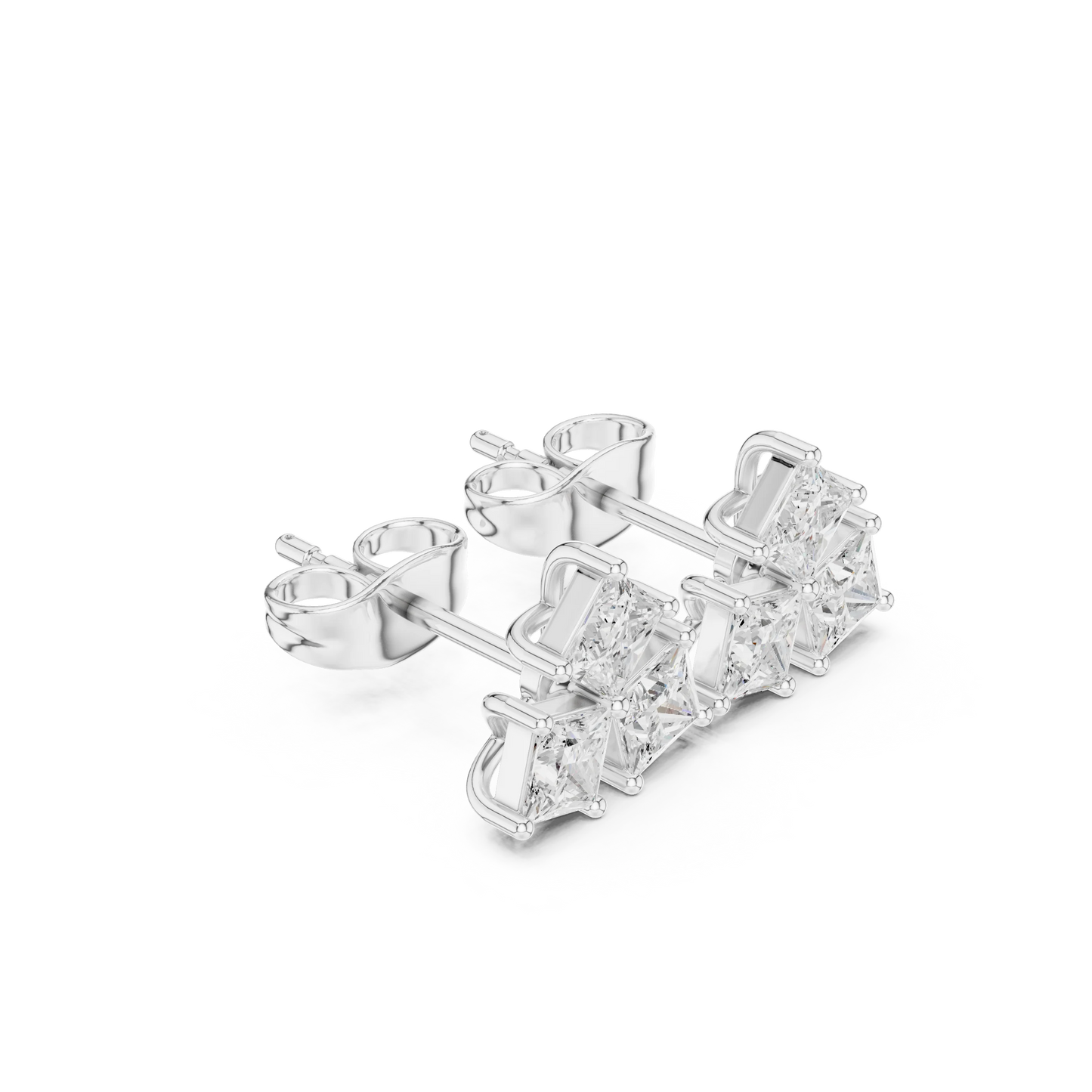 Three Stone Princess Cut Diamond Stud Earrings