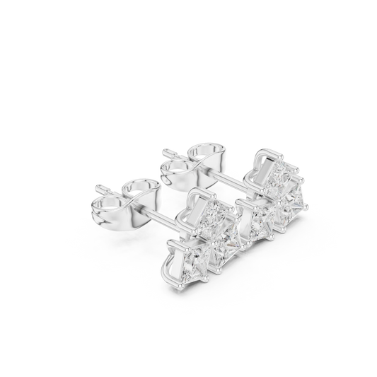 Three Stone Princess Cut Diamond Stud Earrings