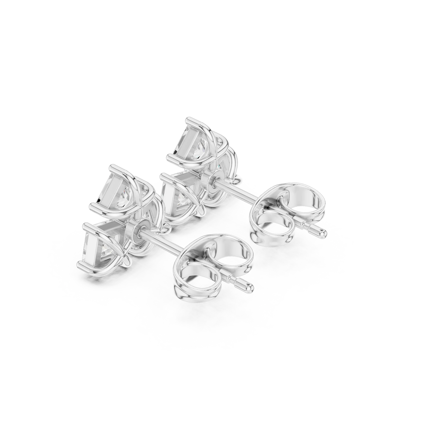 Three Stone Princess Cut Diamond Stud Earrings