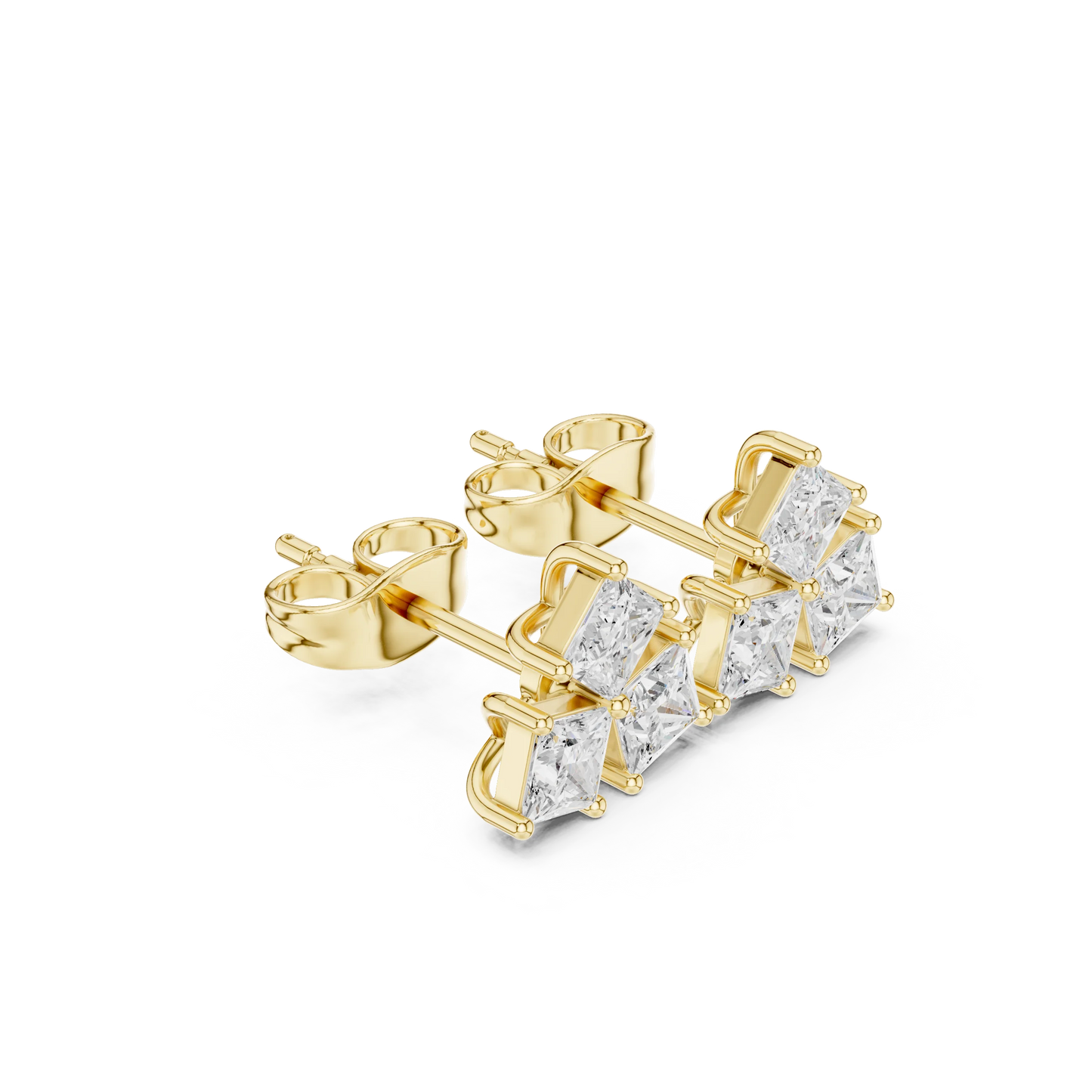 Three Stone Princess Cut Diamond Stud Earrings