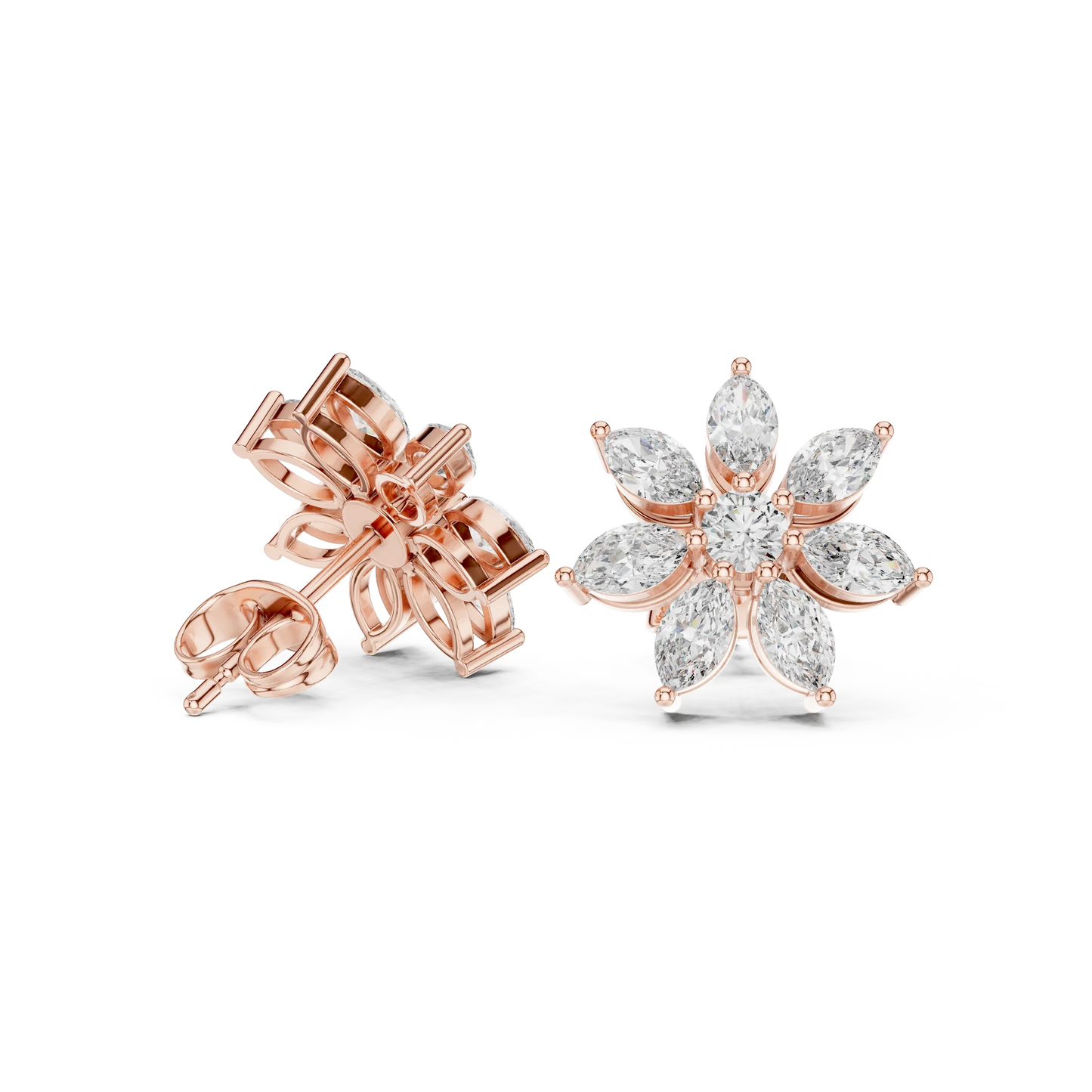Marquise and Round Diamond Flower Cluster Stud Earrings
