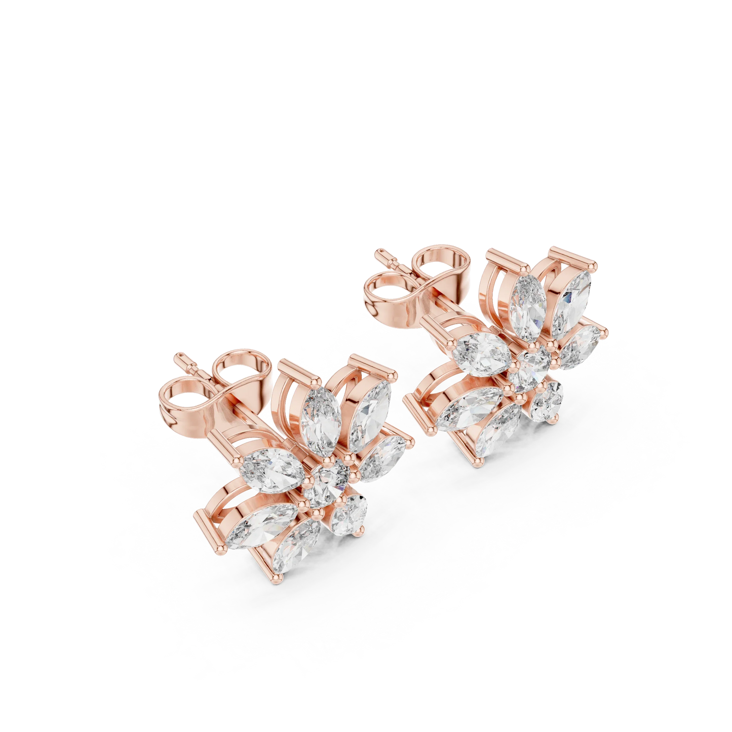 Marquise and Round Diamond Flower Cluster Stud Earrings