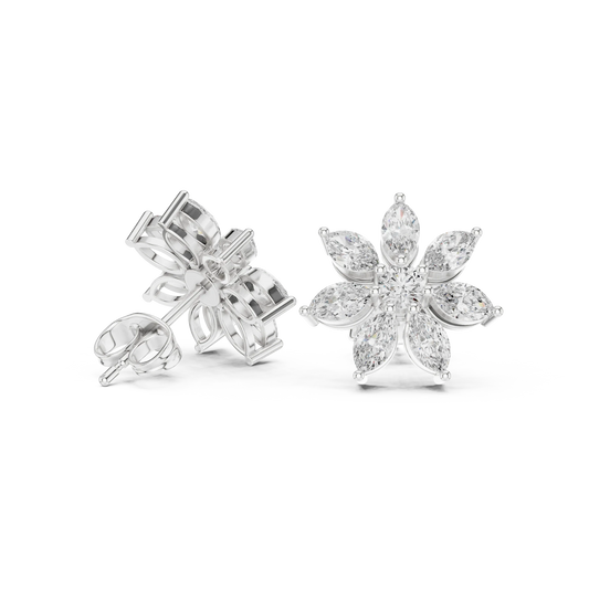 Marquise and Round Diamond Flower Cluster Stud Earrings